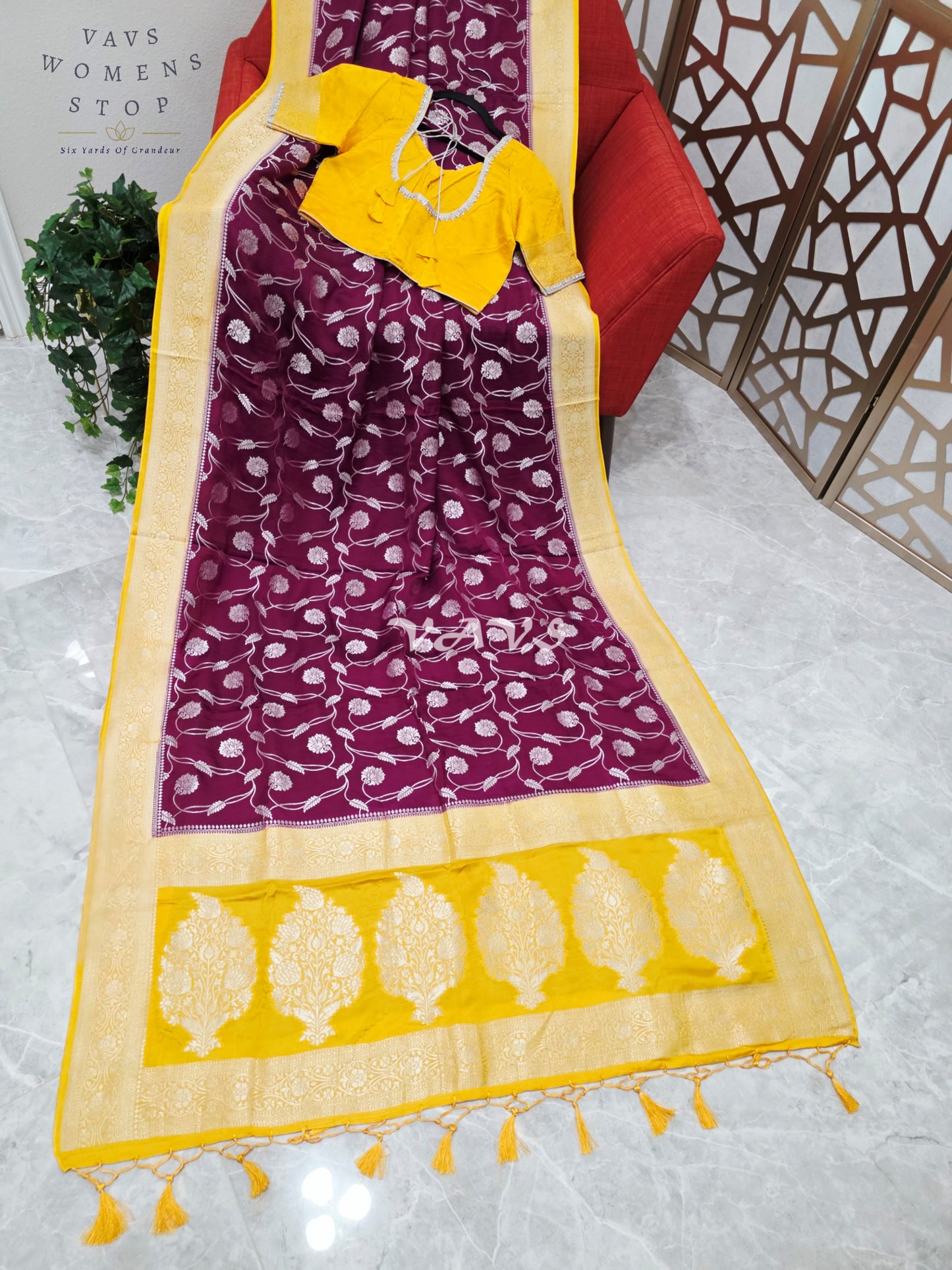 Regal Burgundy Wine & Marigold Munga Banarasi Crepe Silk Saree with Antique Gold Floral Weave & Stitched Blouse