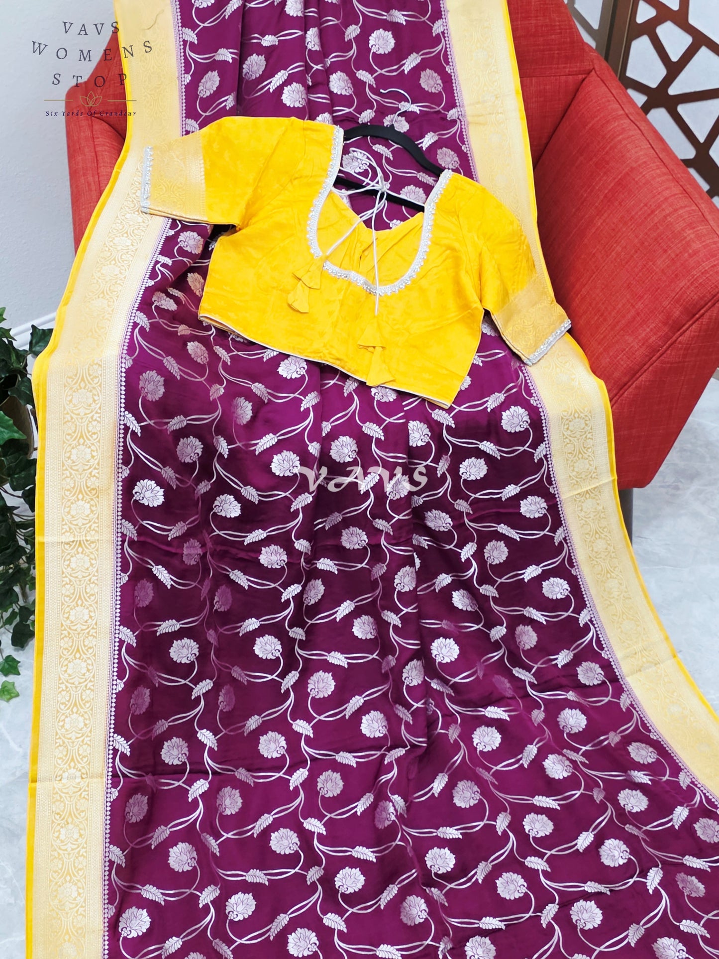 Regal Burgundy Wine & Marigold Munga Banarasi Crepe Silk Saree with Antique Gold Floral Weave & Stitched Blouse