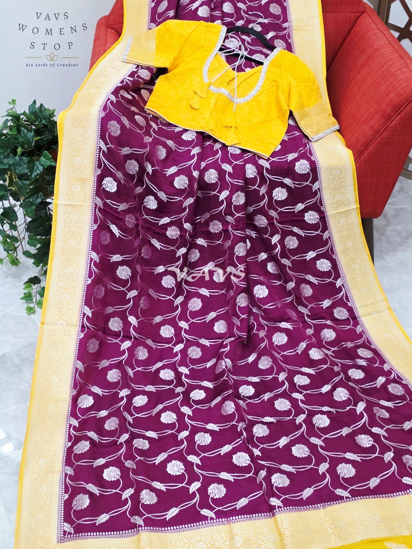 Regal Burgundy Wine & Marigold Munga Banarasi Crepe Silk Saree with Antique Gold Floral Weave & Stitched Blouse