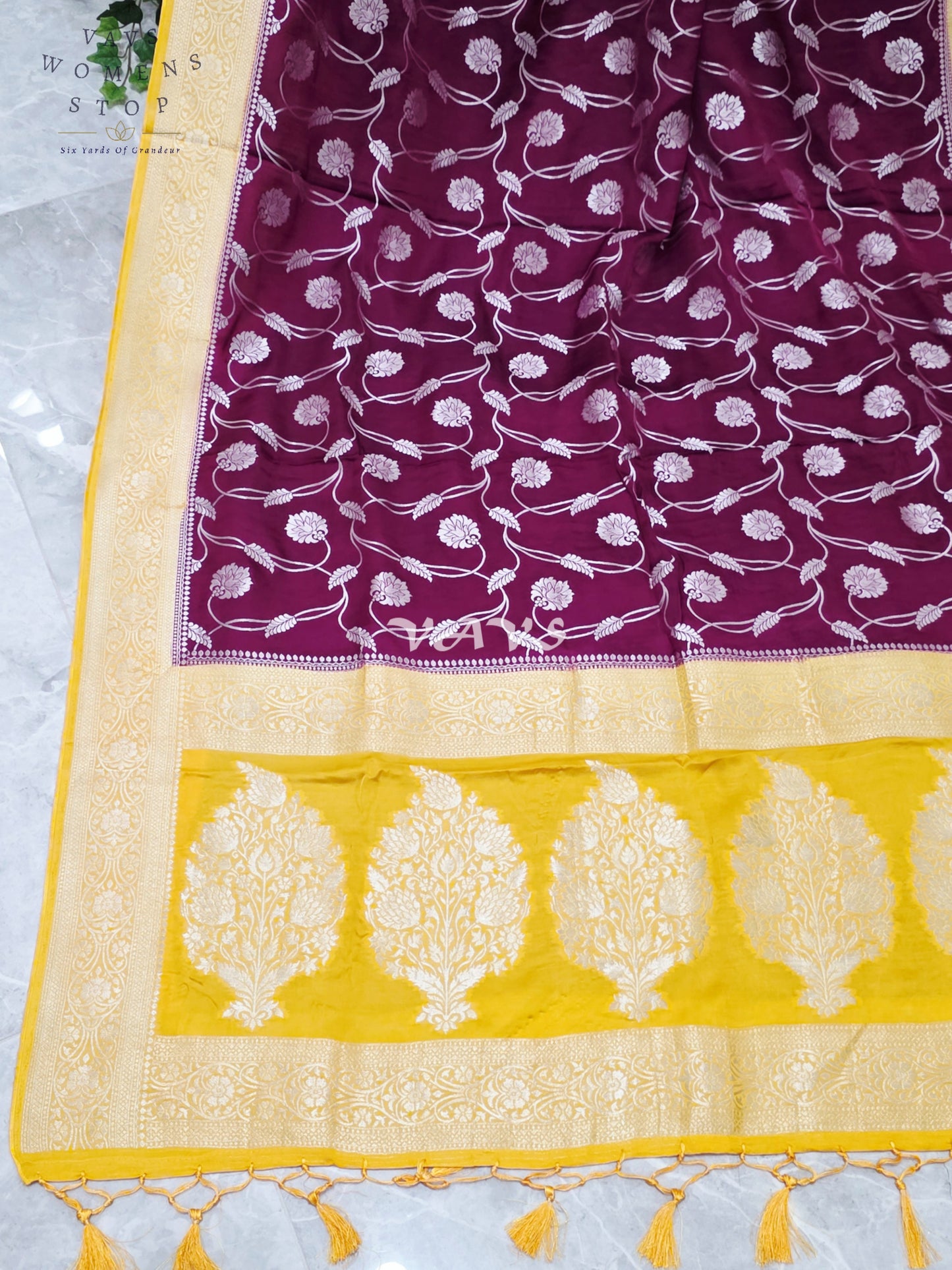 Regal Burgundy Wine & Marigold Munga Banarasi Crepe Silk Saree with Antique Gold Floral Weave & Stitched Blouse
