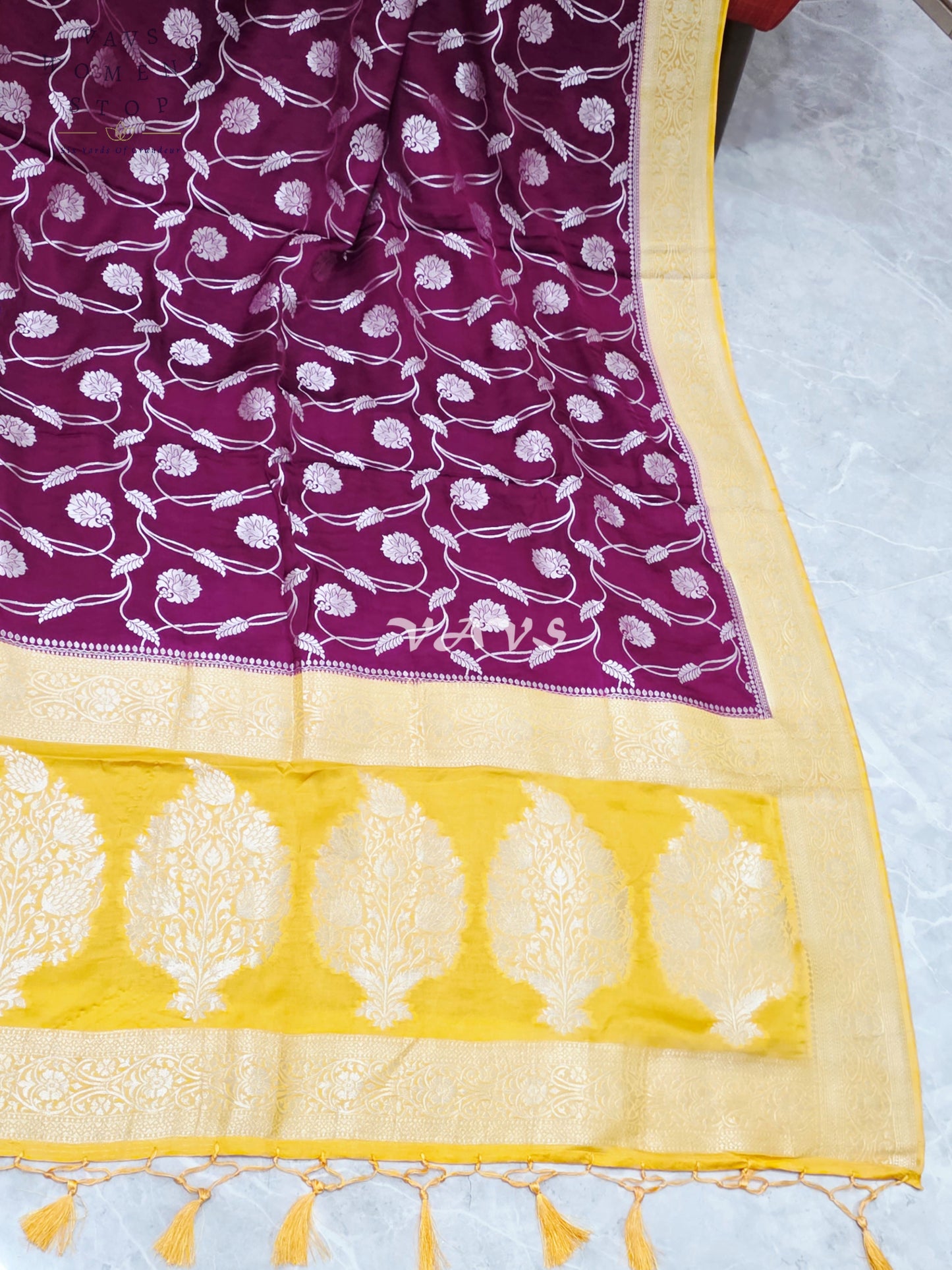 Regal Burgundy Wine & Marigold Munga Banarasi Crepe Silk Saree with Antique Gold Floral Weave & Stitched Blouse