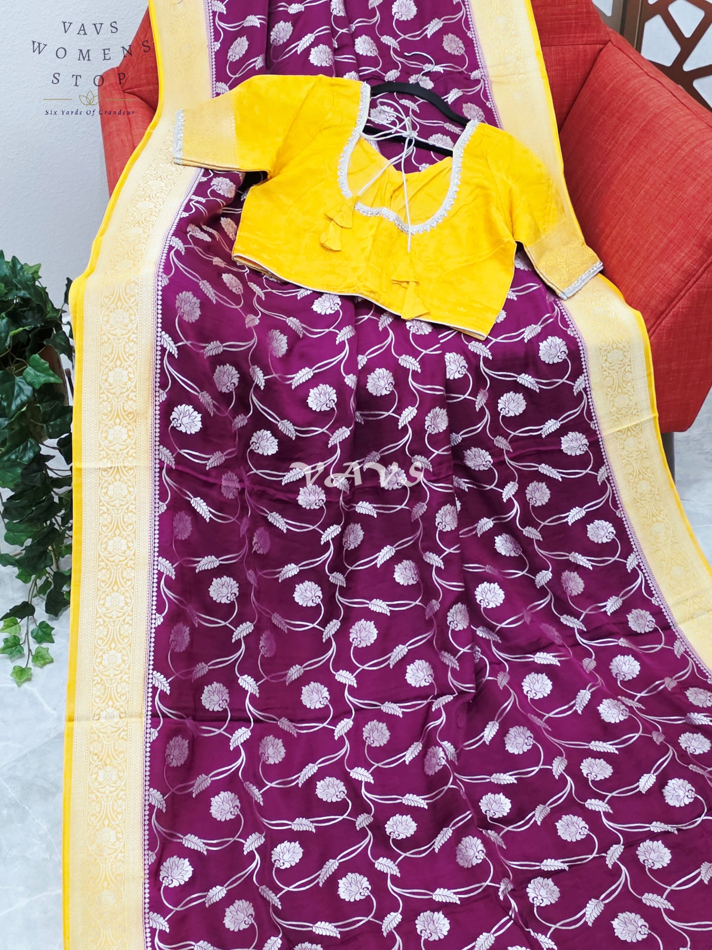 Regal Burgundy Wine & Marigold Munga Banarasi Crepe Silk Saree with Antique Gold Floral Weave & Stitched Blouse