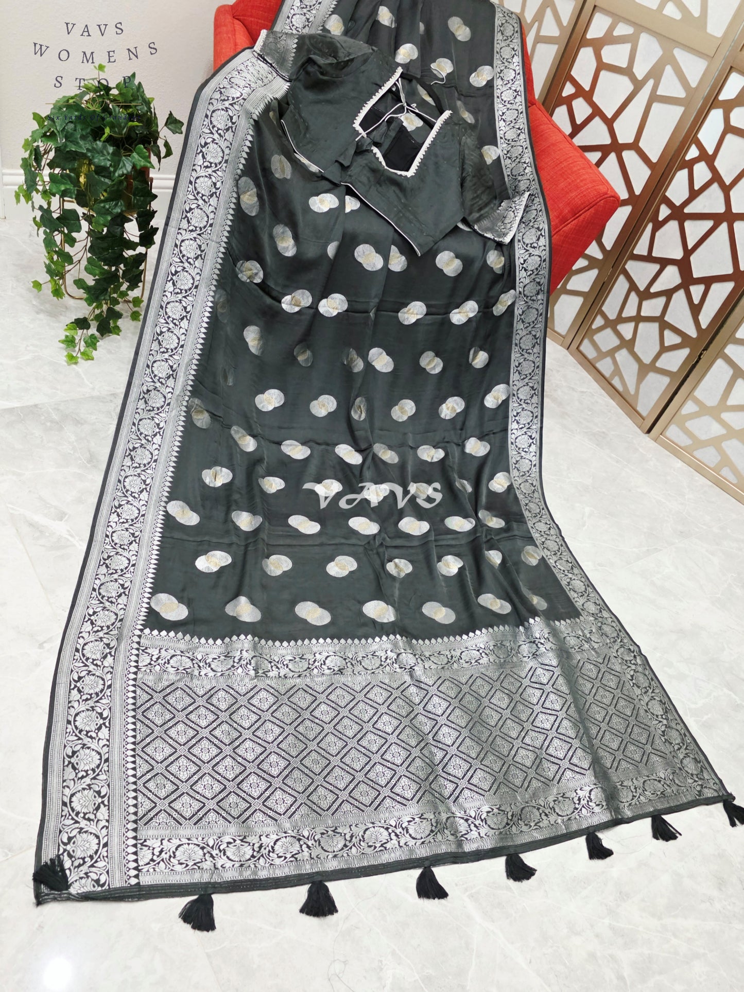 Regal Charcoal Black Munga Banarasi Crepe Silk Saree with Antique Silver Zari Buttas & Stitched Blouse