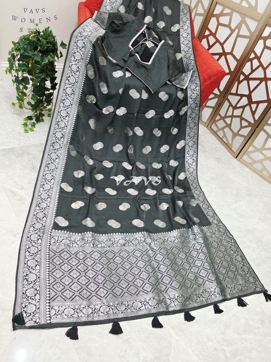 Regal Charcoal Black Munga Banarasi Crepe Silk Saree with Antique Silver Zari Buttas & Stitched Blouse