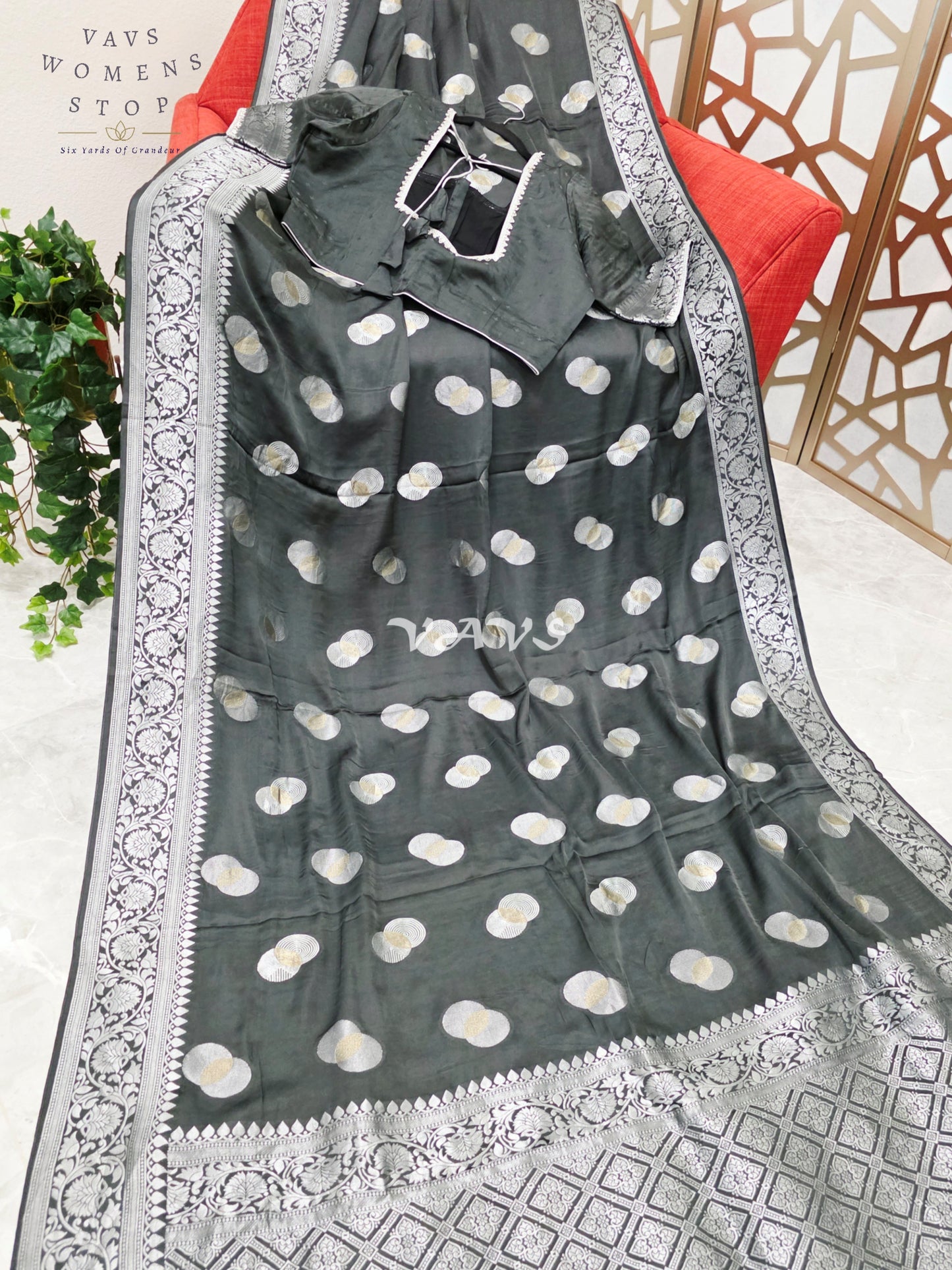 Regal Charcoal Black Munga Banarasi Crepe Silk Saree with Antique Silver Zari Buttas & Stitched Blouse