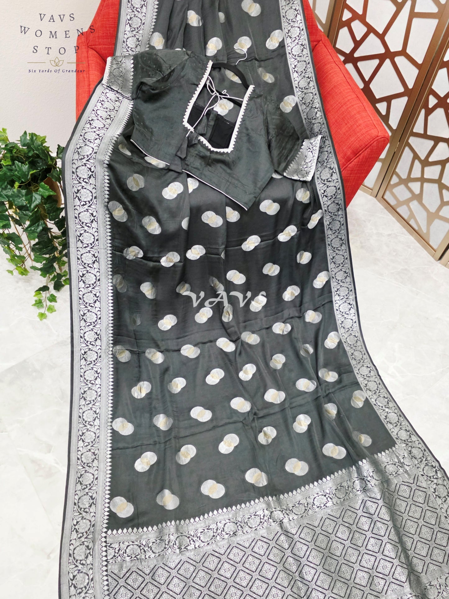 Regal Charcoal Black Munga Banarasi Crepe Silk Saree with Antique Silver Zari Buttas & Stitched Blouse