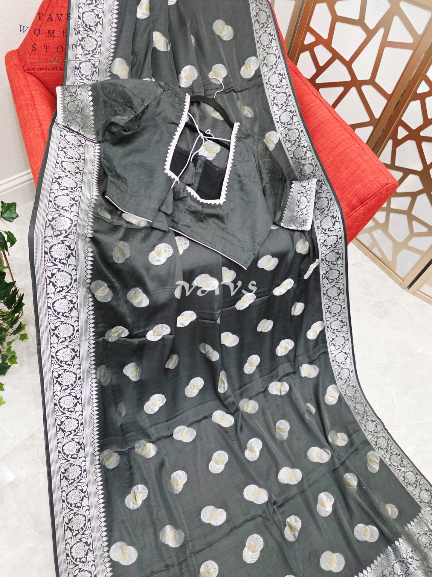Regal Charcoal Black Munga Banarasi Crepe Silk Saree with Antique Silver Zari Buttas & Stitched Blouse