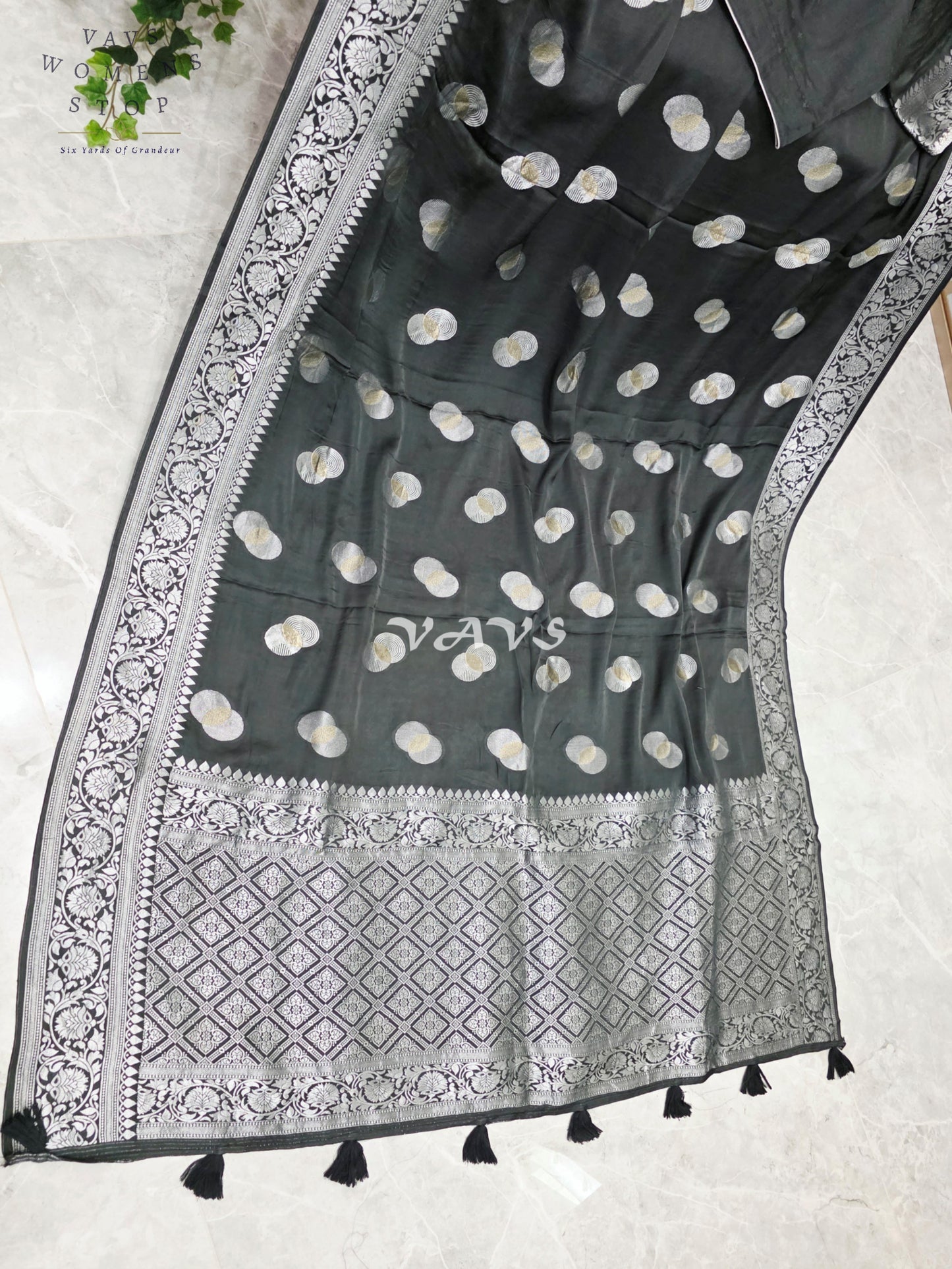 Regal Charcoal Black Munga Banarasi Crepe Silk Saree with Antique Silver Zari Buttas & Stitched Blouse