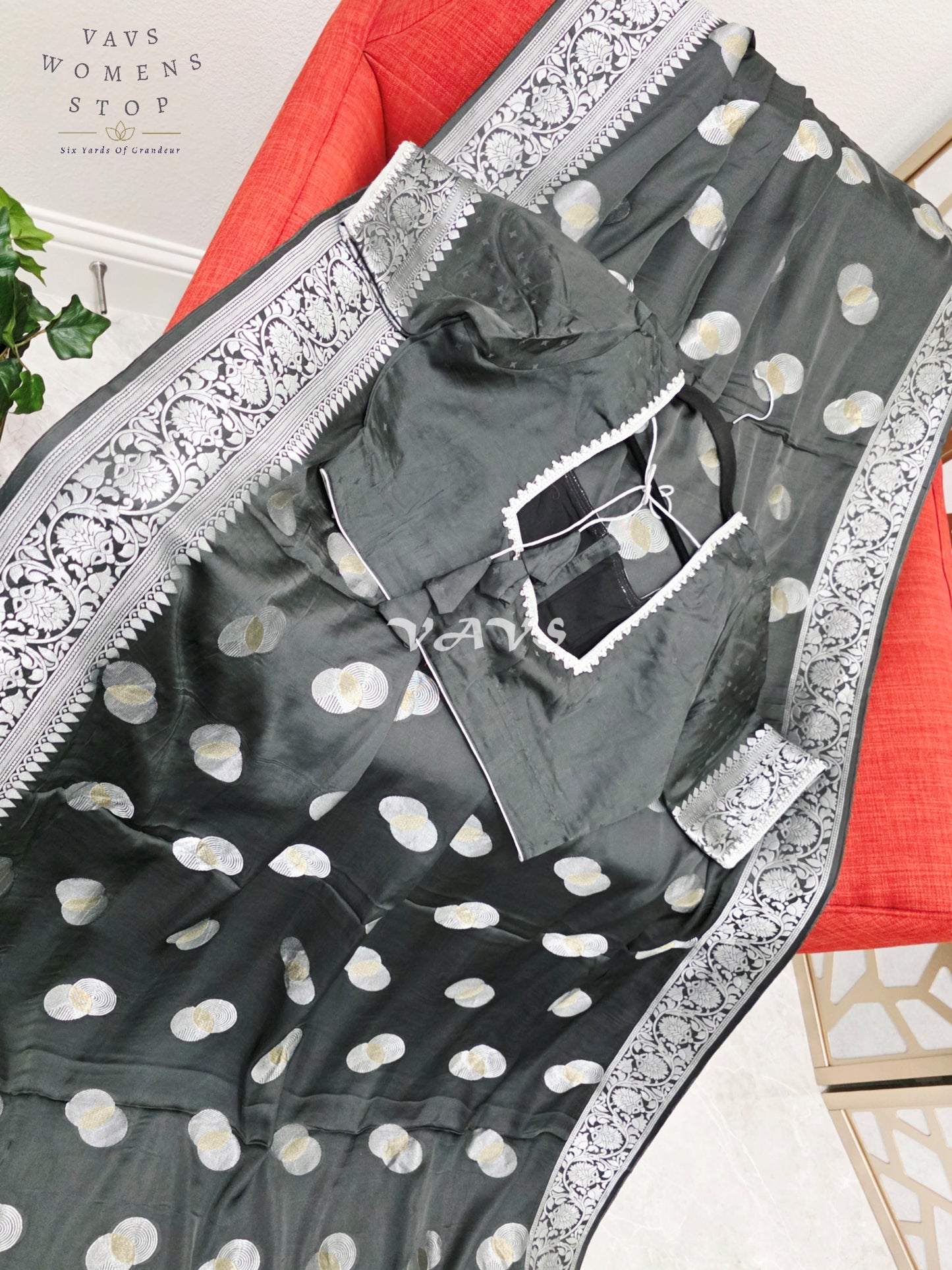 Regal Charcoal Black Munga Banarasi Crepe Silk Saree with Antique Silver Zari Buttas & Stitched Blouse