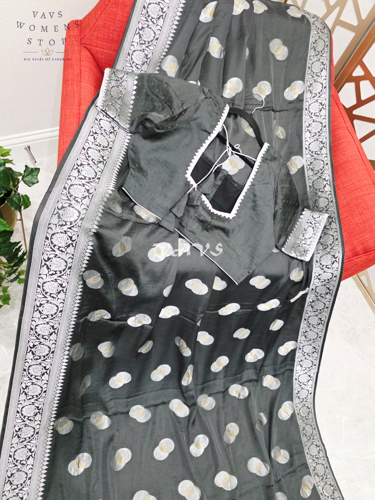 Regal Charcoal Black Munga Banarasi Crepe Silk Saree with Antique Silver Zari Buttas & Stitched Blouse