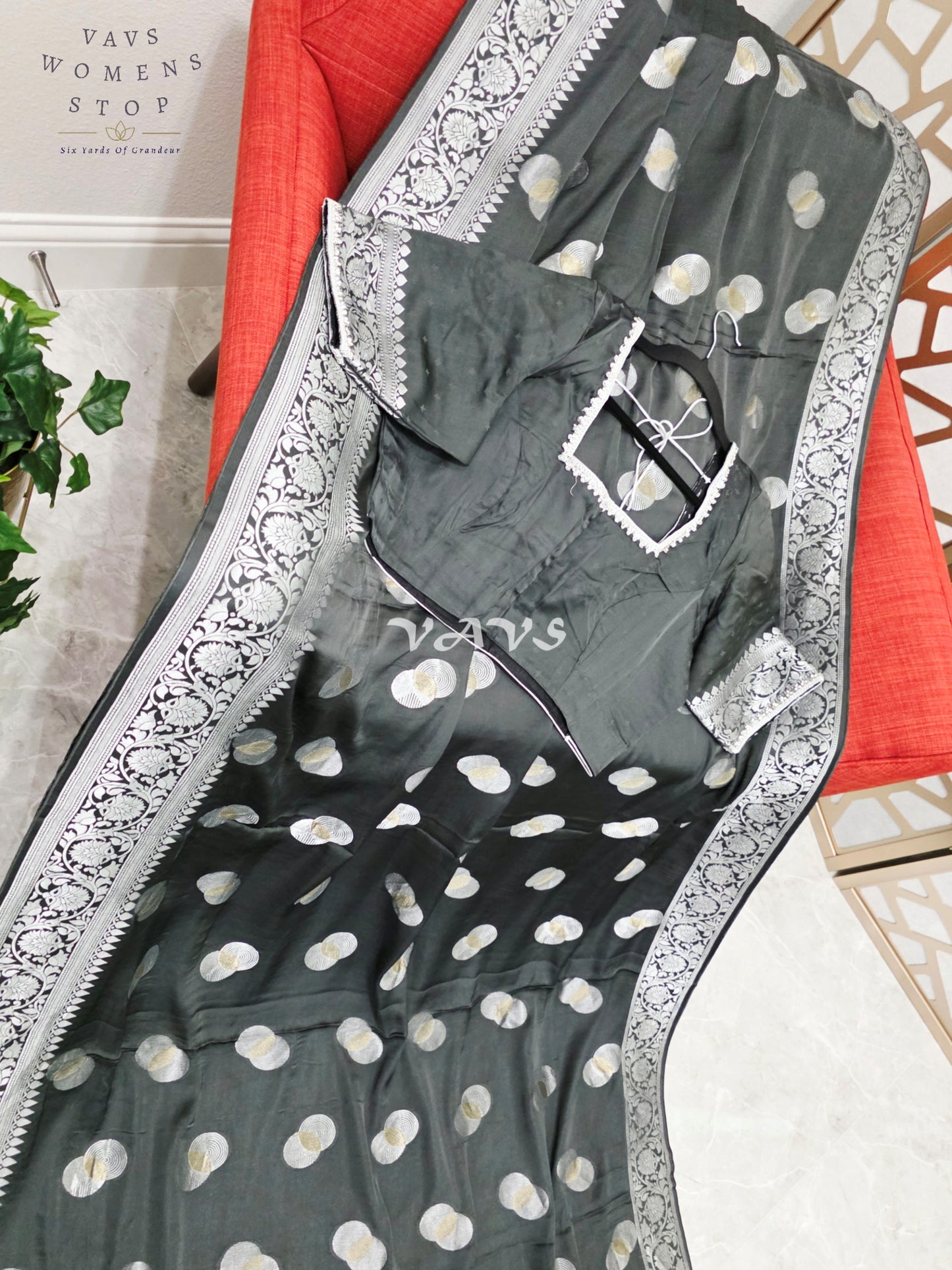 Regal Charcoal Black Munga Banarasi Crepe Silk Saree with Antique Silver Zari Buttas & Stitched Blouse