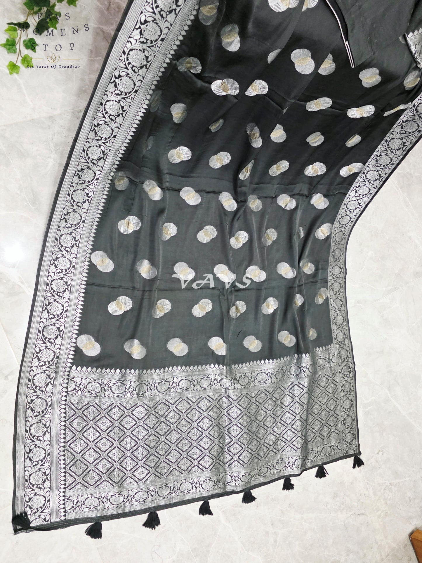 Regal Charcoal Black Munga Banarasi Crepe Silk Saree with Antique Silver Zari Buttas & Stitched Blouse