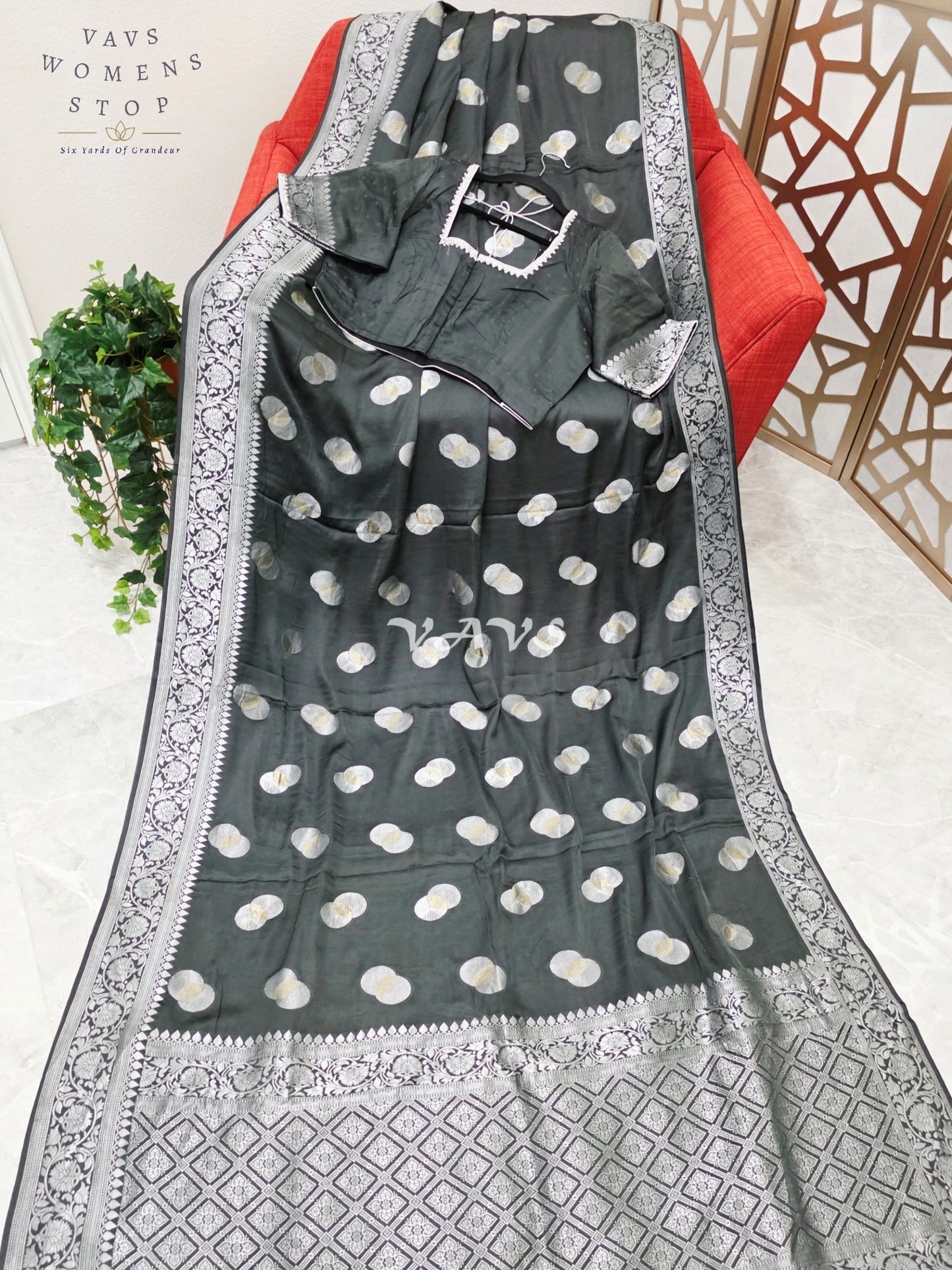 Regal Charcoal Black Munga Banarasi Crepe Silk Saree with Antique Silver Zari Buttas & Stitched Blouse