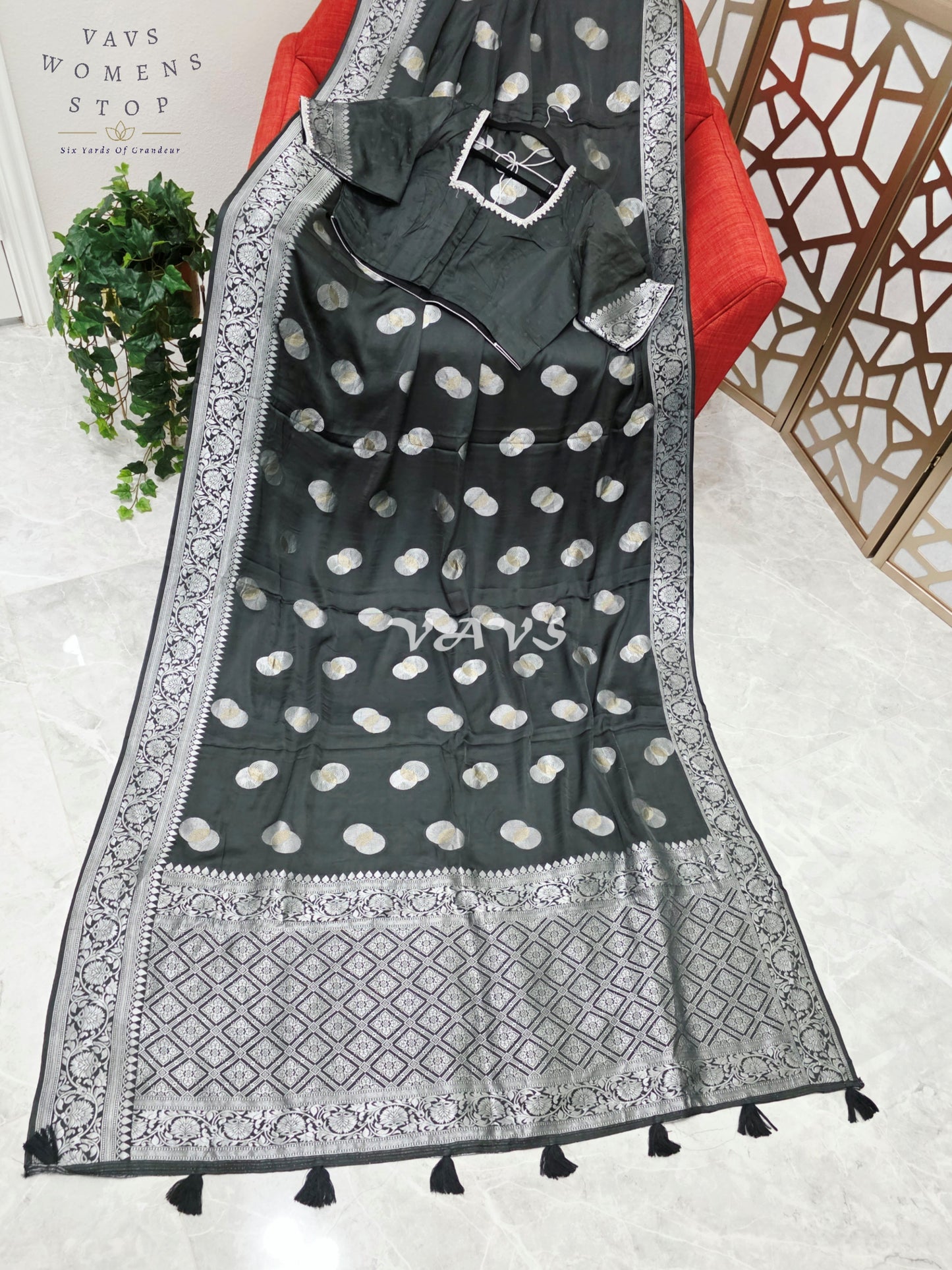 Regal Charcoal Black Munga Banarasi Crepe Silk Saree with Antique Silver Zari Buttas & Stitched Blouse
