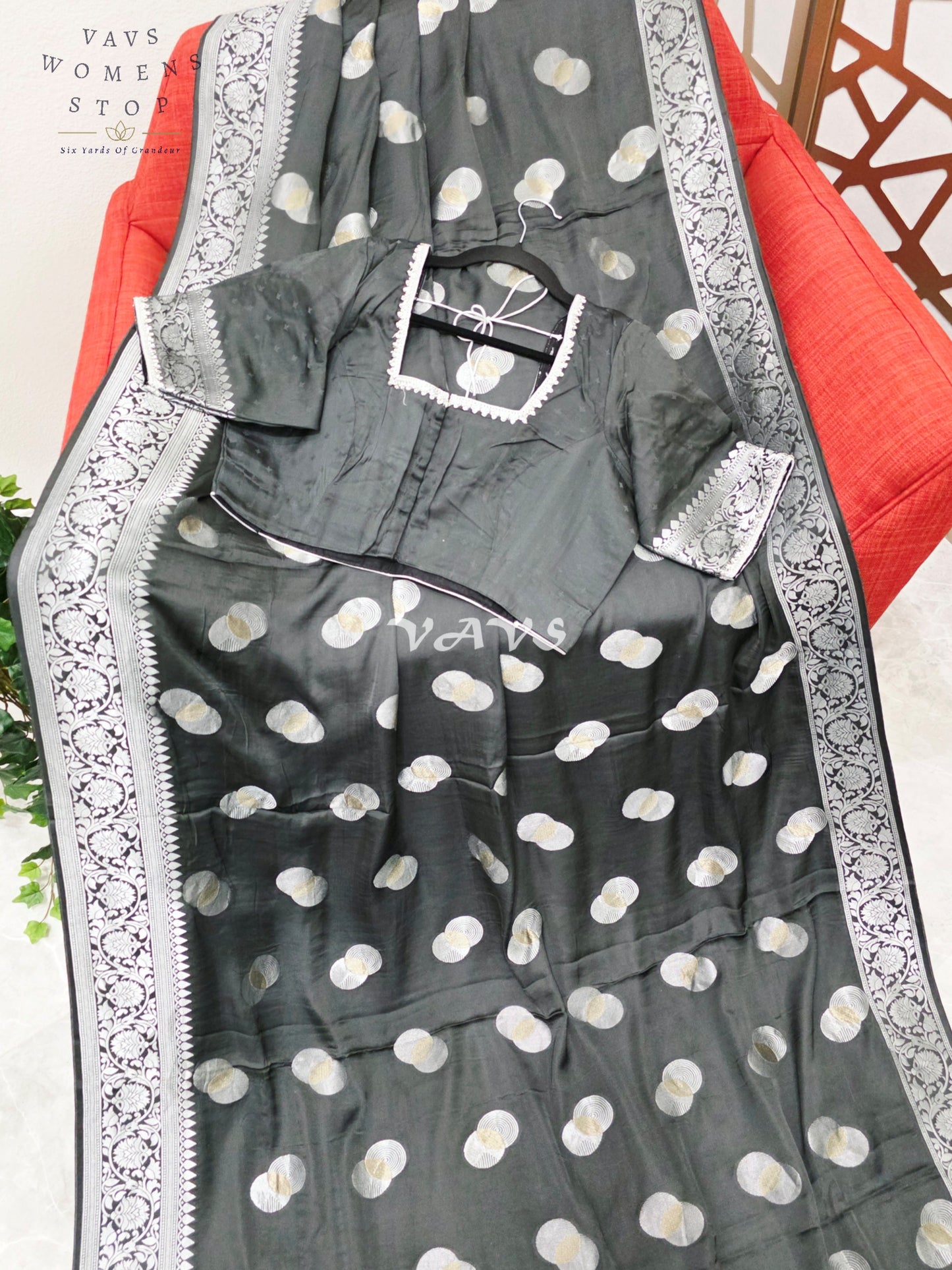 Regal Charcoal Black Munga Banarasi Crepe Silk Saree with Antique Silver Zari Buttas & Stitched Blouse