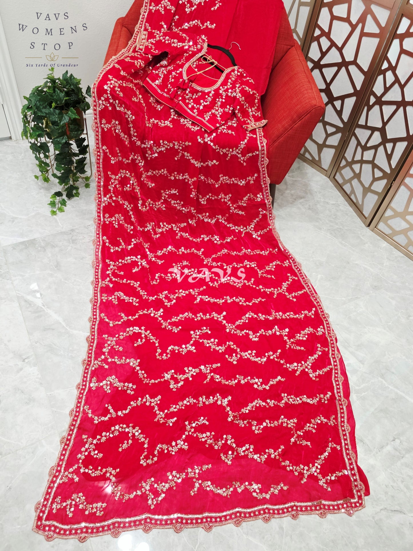 Royal Scarlet Ruby Red Space Silk Sequin Cocktail Saree with Champagne Gold Work & Designer Stitched Blouse