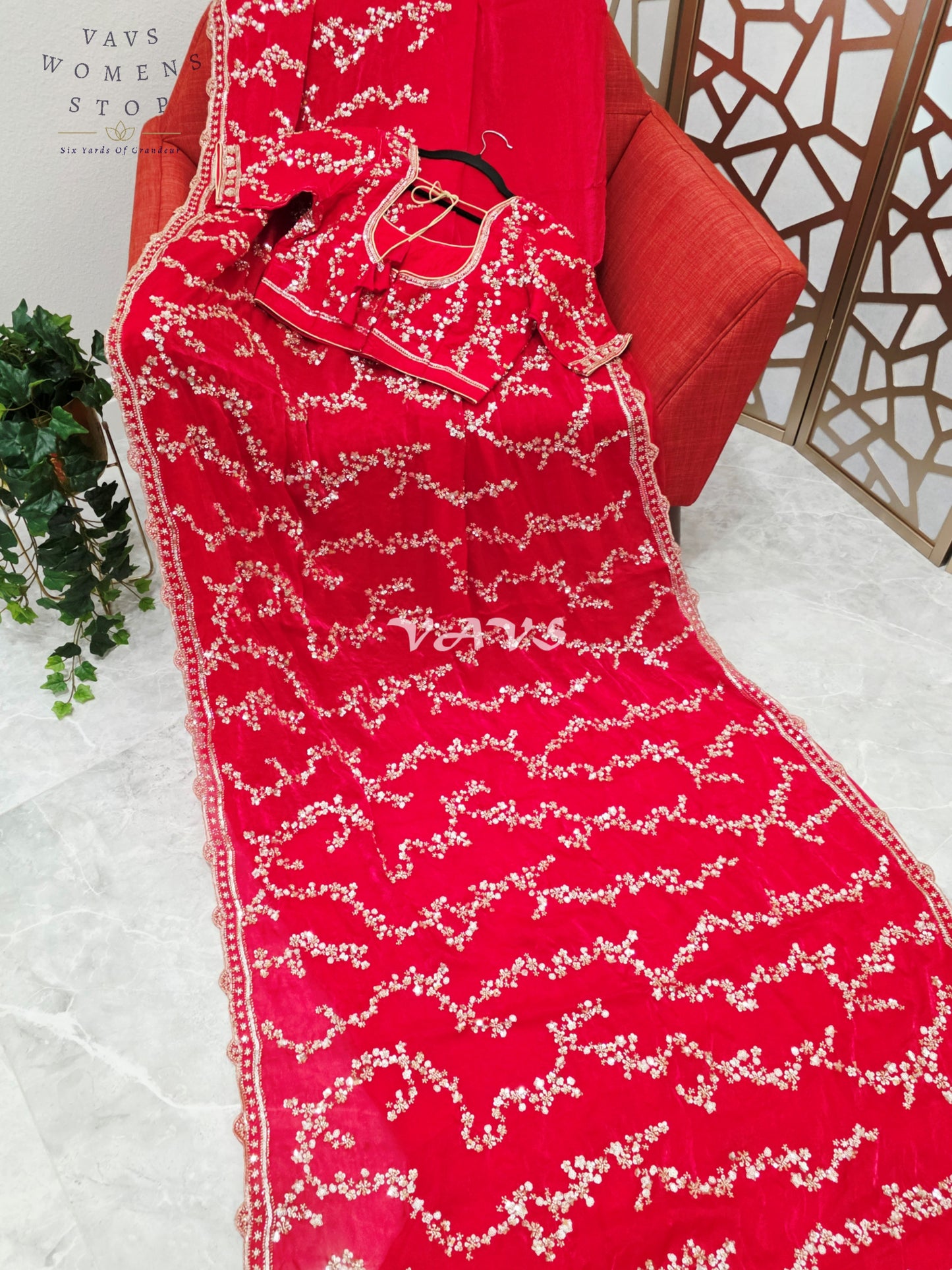 Royal Scarlet Ruby Red Space Silk Sequin Cocktail Saree with Champagne Gold Work & Designer Stitched Blouse