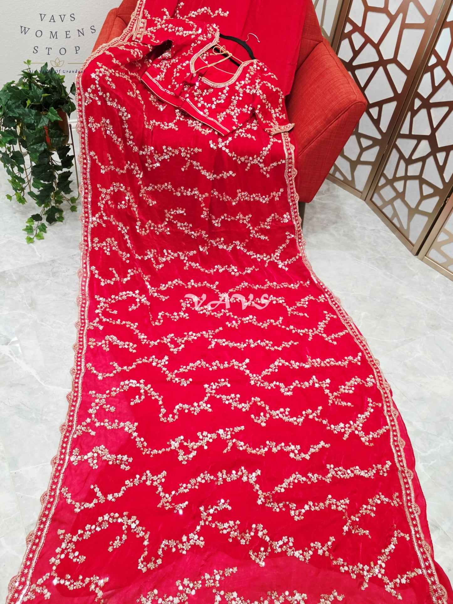 Royal Scarlet Ruby Red Space Silk Sequin Cocktail Saree with Champagne Gold Work & Designer Stitched Blouse