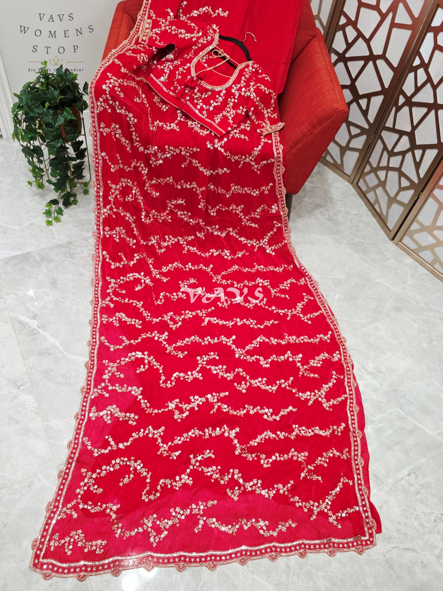 Royal Scarlet Ruby Red Space Silk Sequin Cocktail Saree with Champagne Gold Work & Designer Stitched Blouse