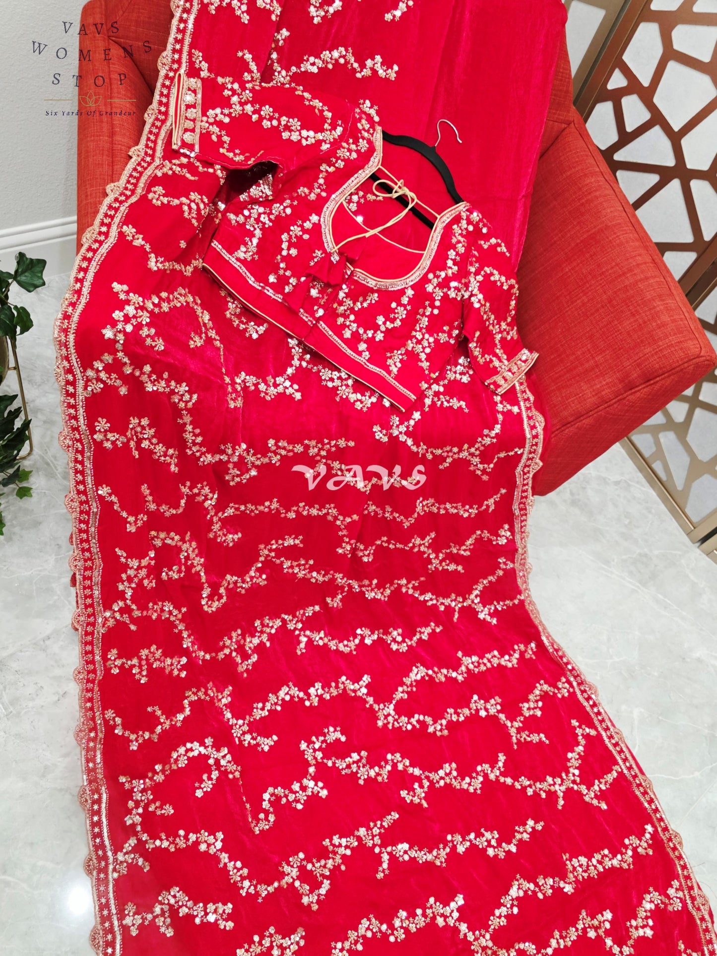 Royal Scarlet Ruby Red Space Silk Sequin Cocktail Saree with Champagne Gold Work & Designer Stitched Blouse