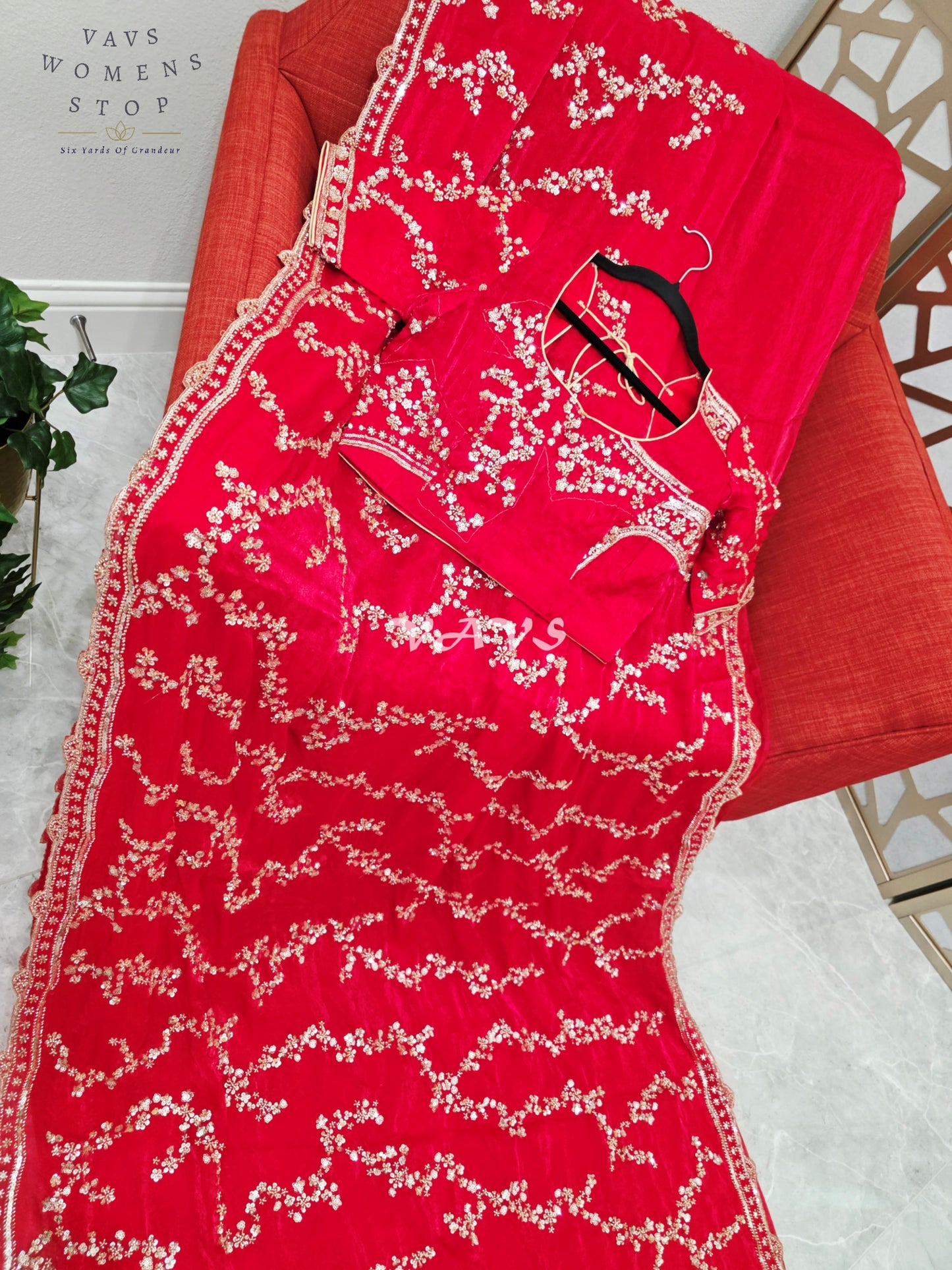 Royal Scarlet Ruby Red Space Silk Sequin Cocktail Saree with Champagne Gold Work & Designer Stitched Blouse