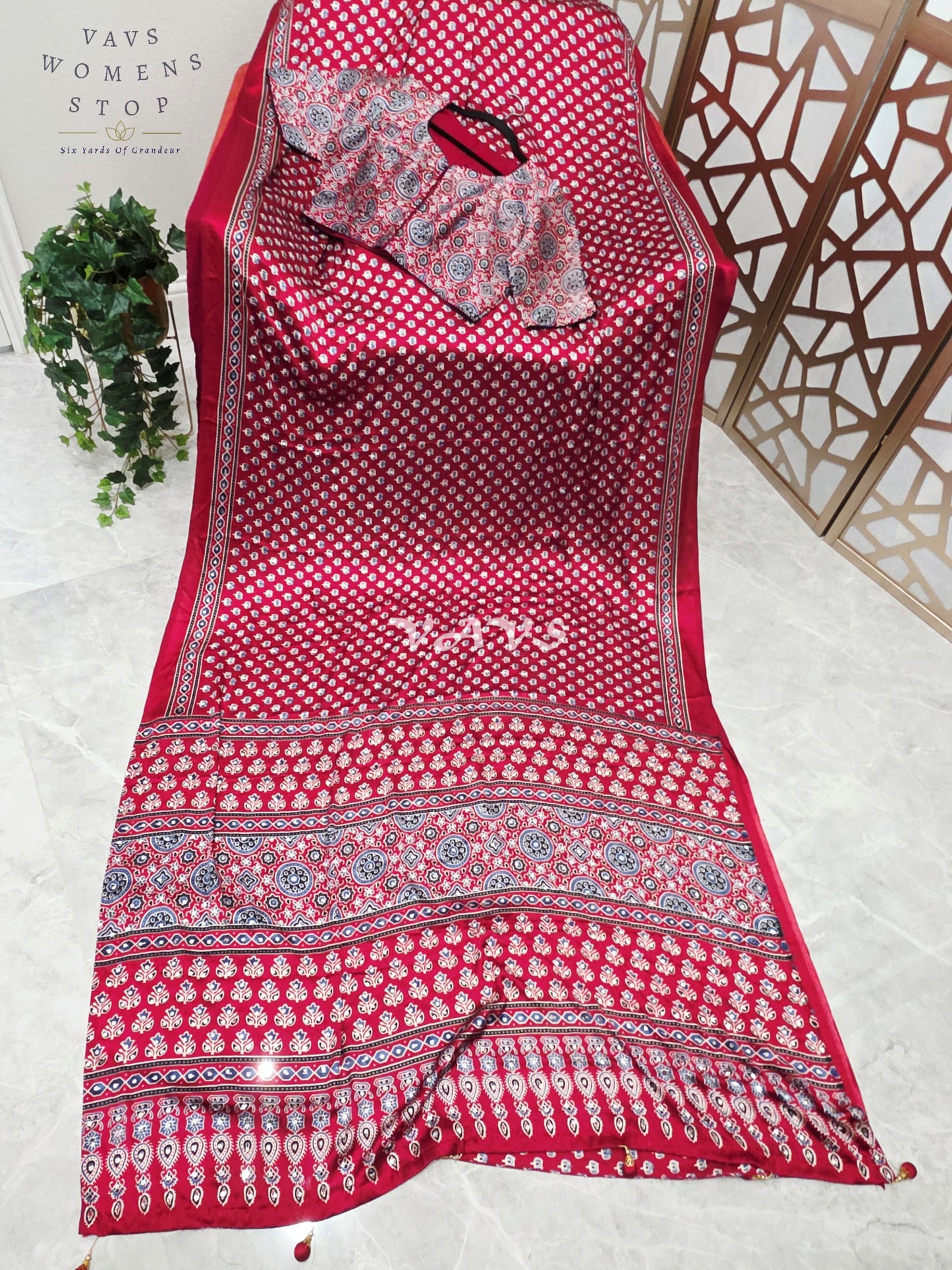 Regal Crimson Ruby Ajrakh Semi Modal Silk Saree with Indigo Motifs, Original Mirror Work & Premium Stitched Blouse