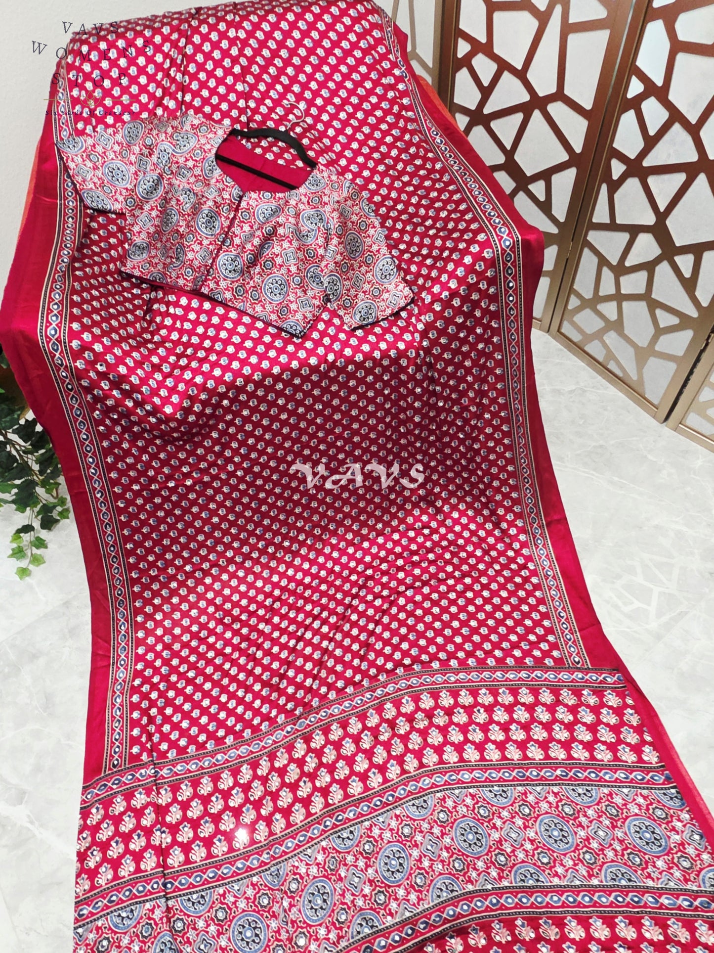 Regal Crimson Ruby Ajrakh Semi Modal Silk Saree with Indigo Motifs, Original Mirror Work & Premium Stitched Blouse