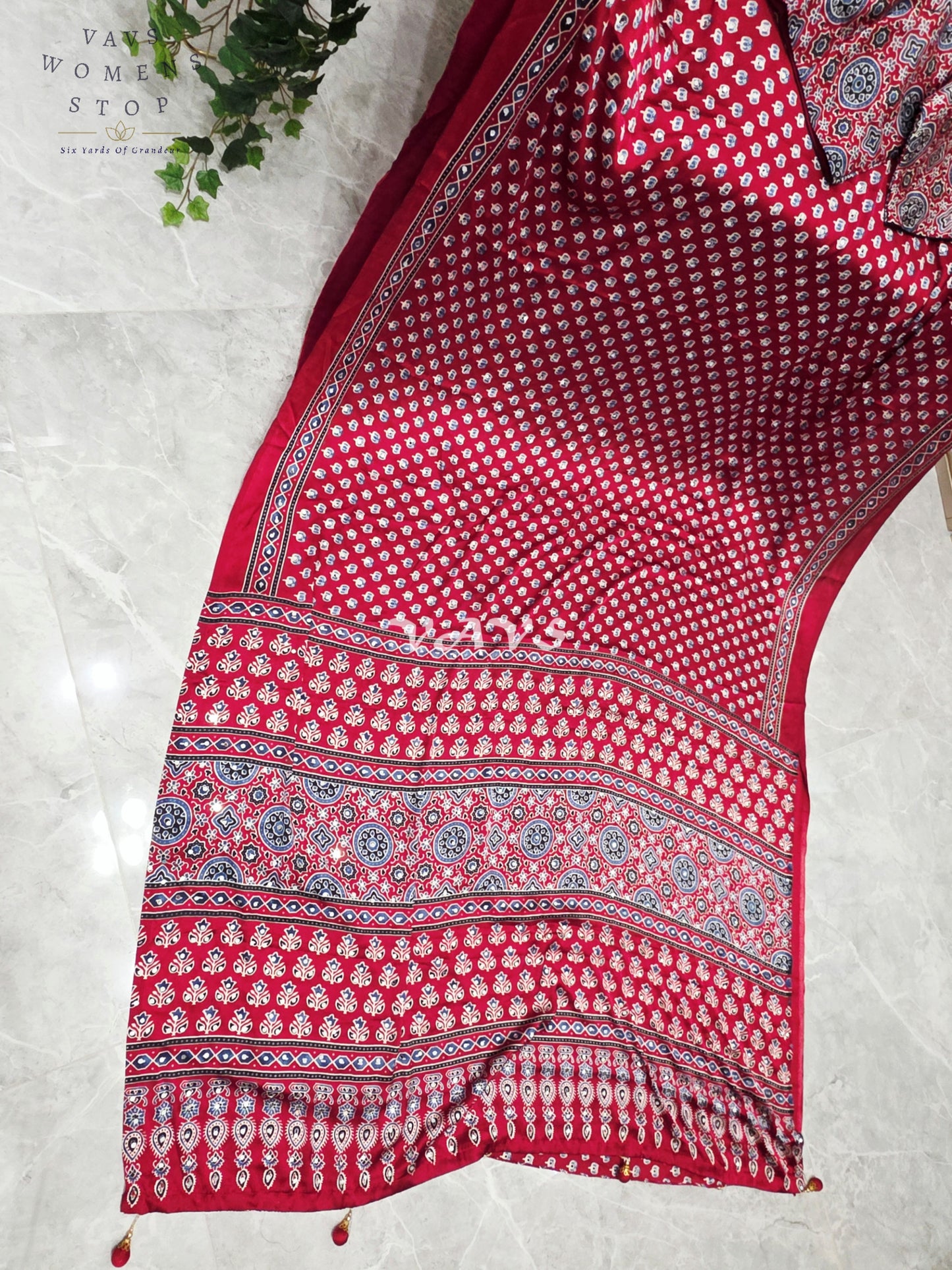 Regal Crimson Ruby Ajrakh Semi Modal Silk Saree with Indigo Motifs, Original Mirror Work & Premium Stitched Blouse