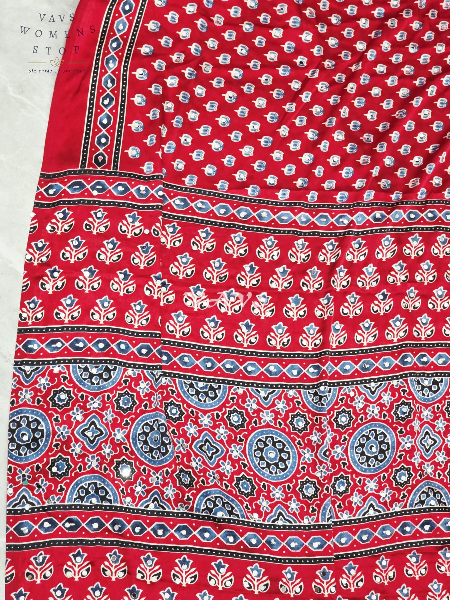 Regal Crimson Ruby Ajrakh Semi Modal Silk Saree with Indigo Motifs, Original Mirror Work & Premium Stitched Blouse