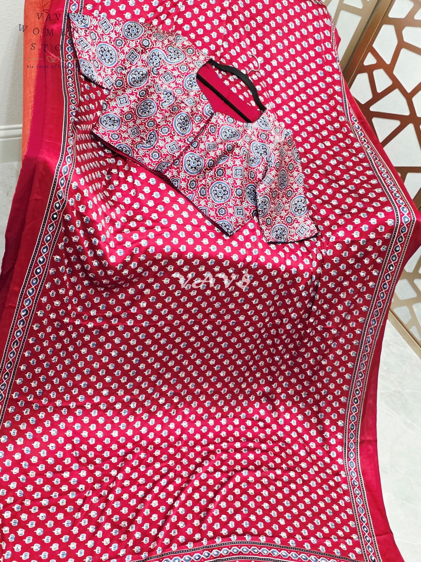 Regal Crimson Ruby Ajrakh Semi Modal Silk Saree with Indigo Motifs, Original Mirror Work & Premium Stitched Blouse