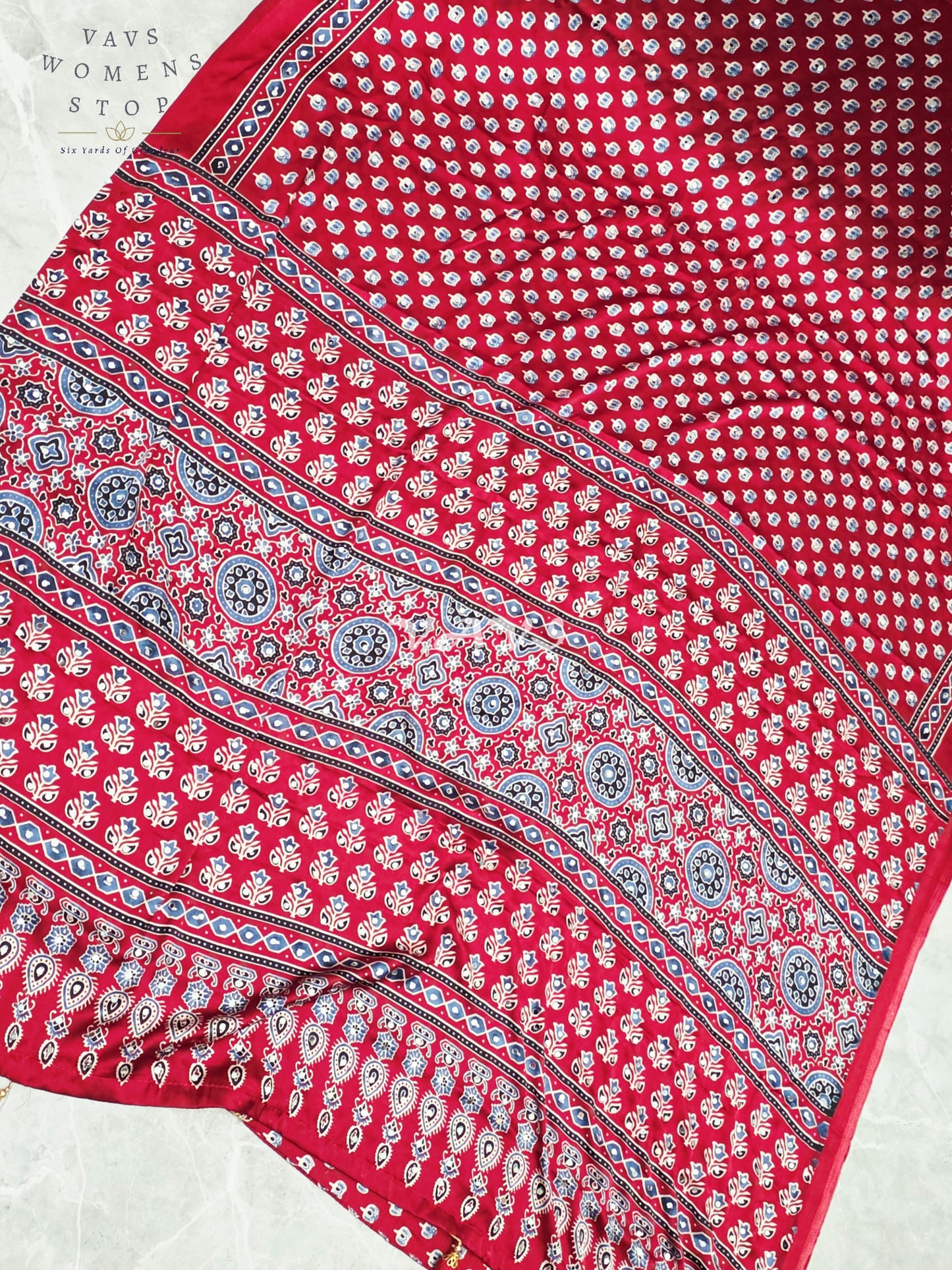 Regal Crimson Ruby Ajrakh Semi Modal Silk Saree with Indigo Motifs, Original Mirror Work & Premium Stitched Blouse