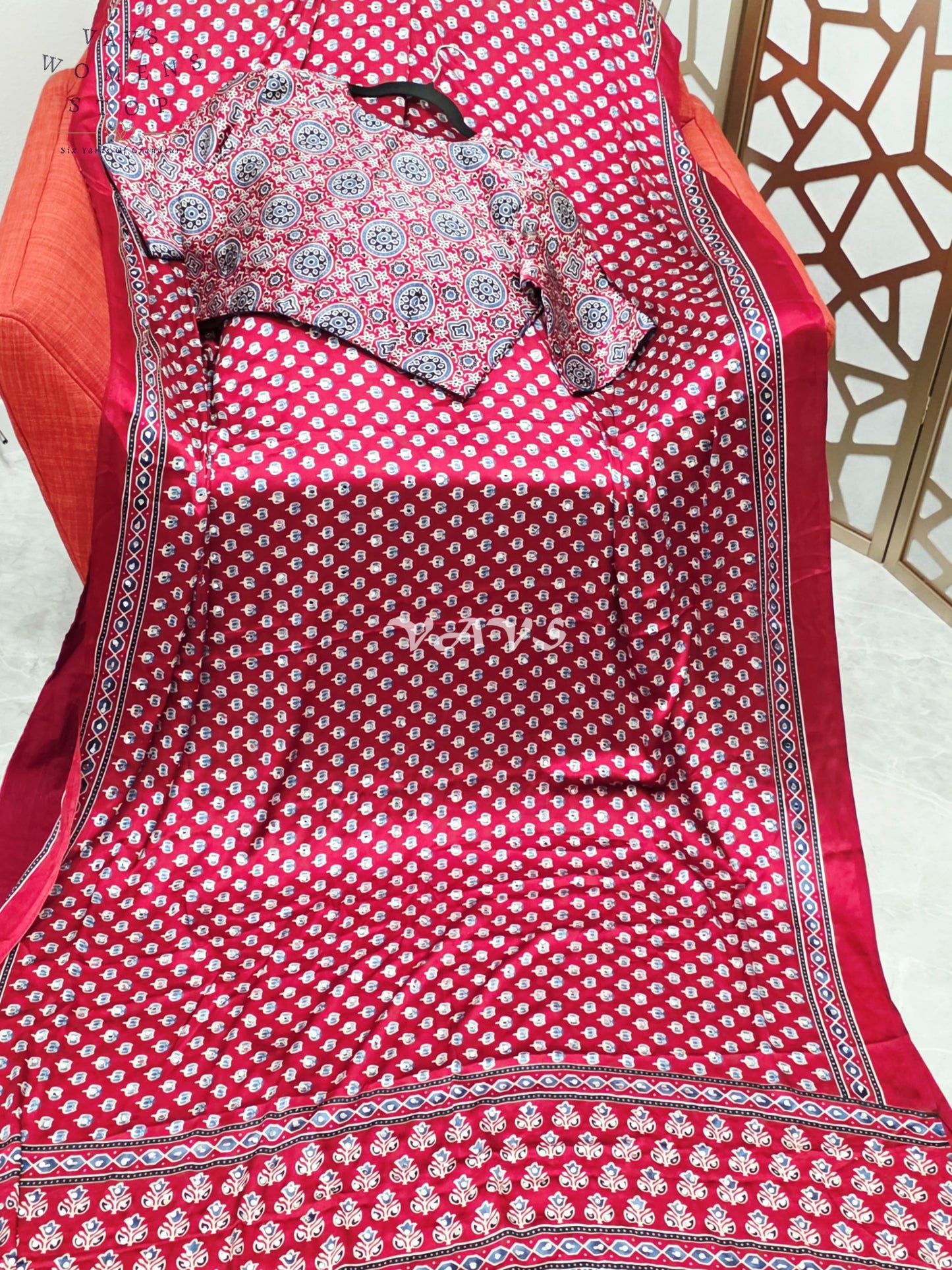 Regal Crimson Ruby Ajrakh Semi Modal Silk Saree with Indigo Motifs, Original Mirror Work & Premium Stitched Blouse