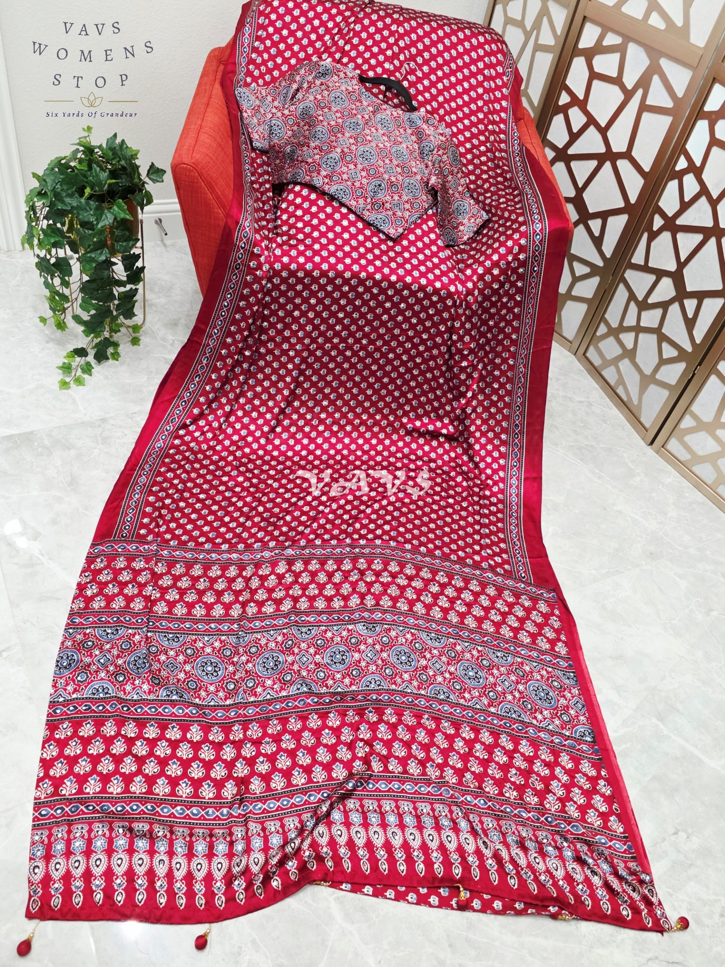 Regal Crimson Ruby Ajrakh Semi Modal Silk Saree with Indigo Motifs, Original Mirror Work & Premium Stitched Blouse