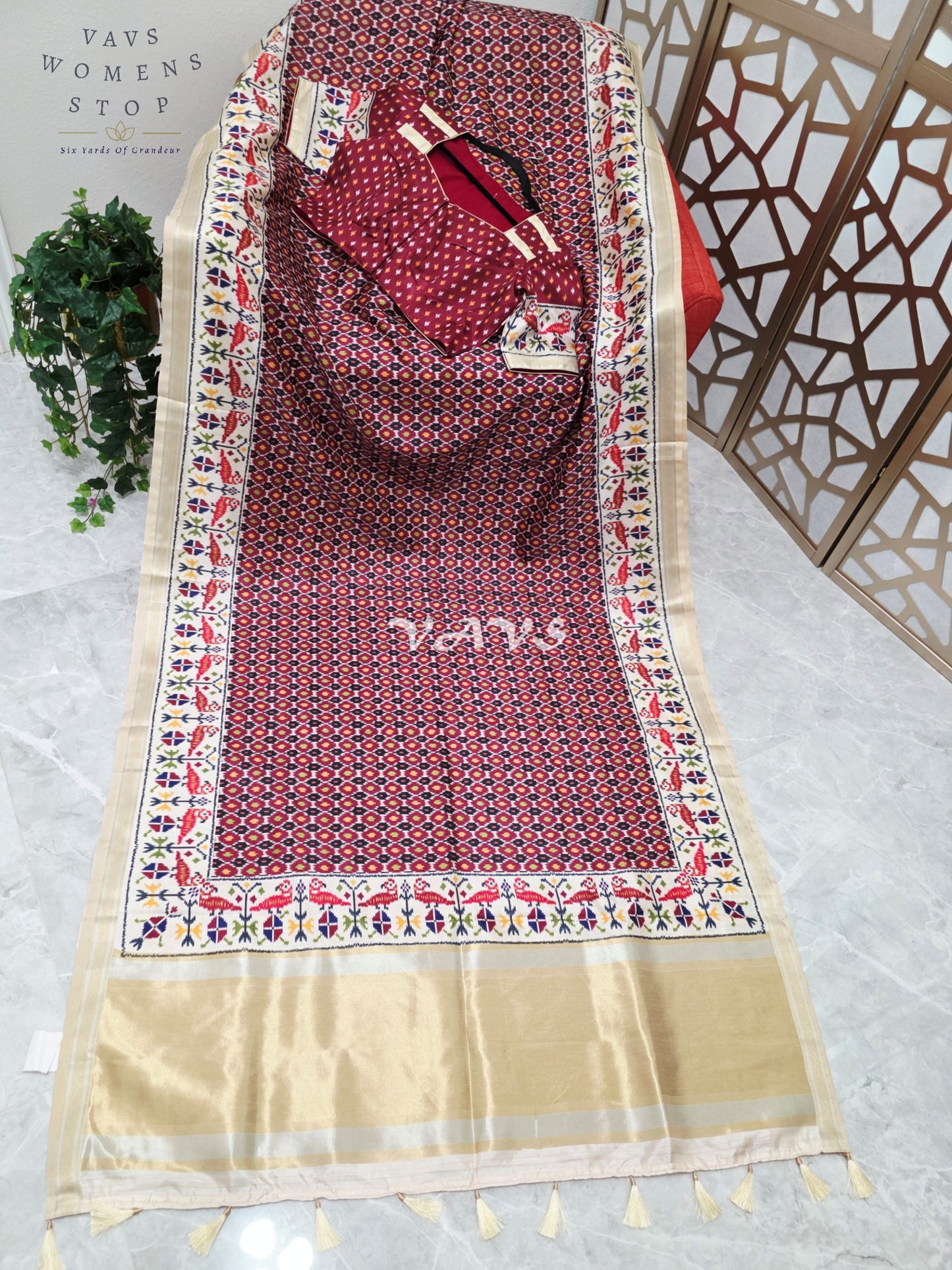 Regal Maroon Mosaic Pochampally Ikkat Print Blended Banarasi Silk Saree with Ivory Gold Pallu & Stitched Blouse