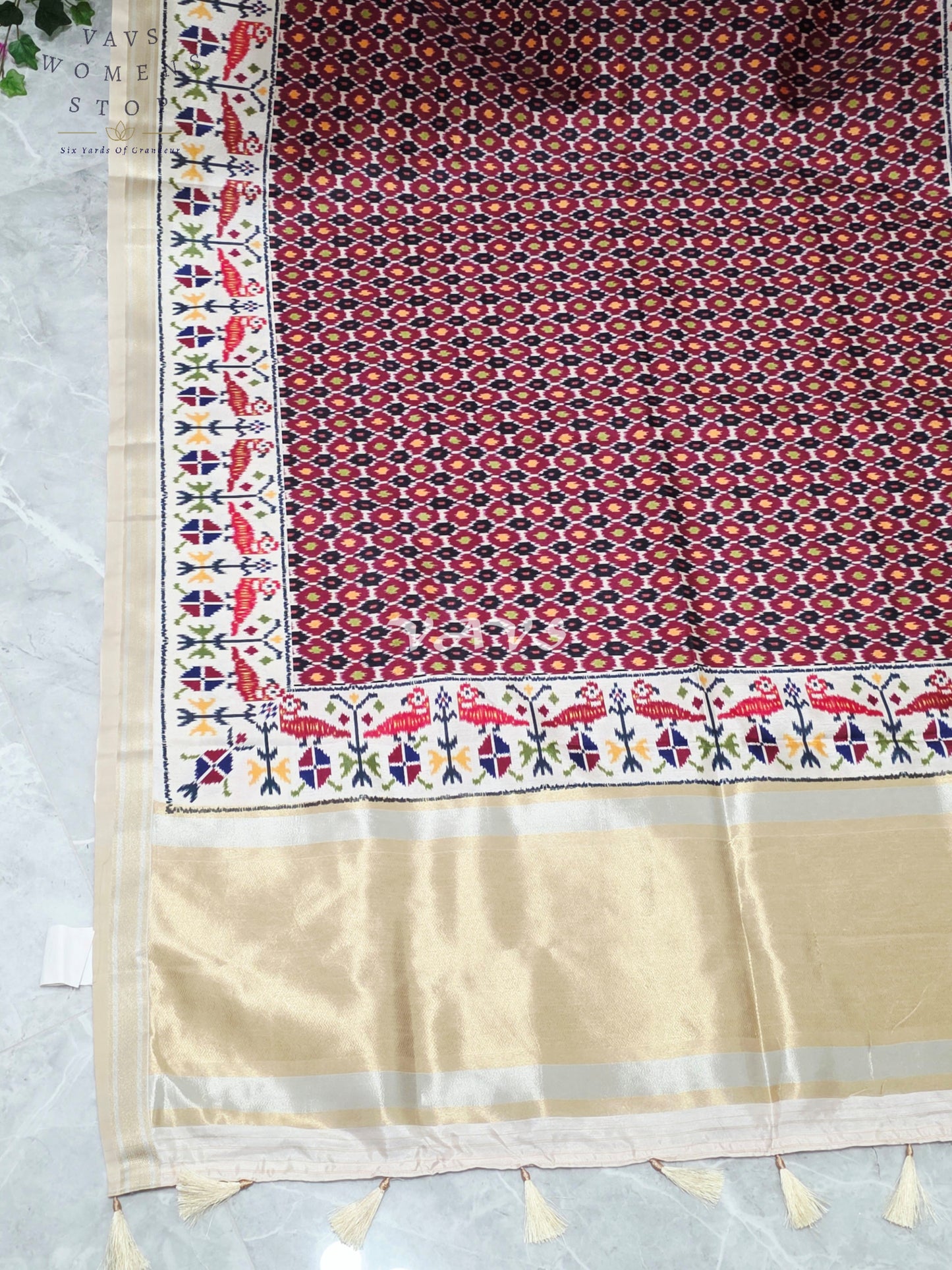 Regal Maroon Mosaic Pochampally Ikkat Print Blended Banarasi Silk Saree with Ivory Gold Pallu & Stitched Blouse
