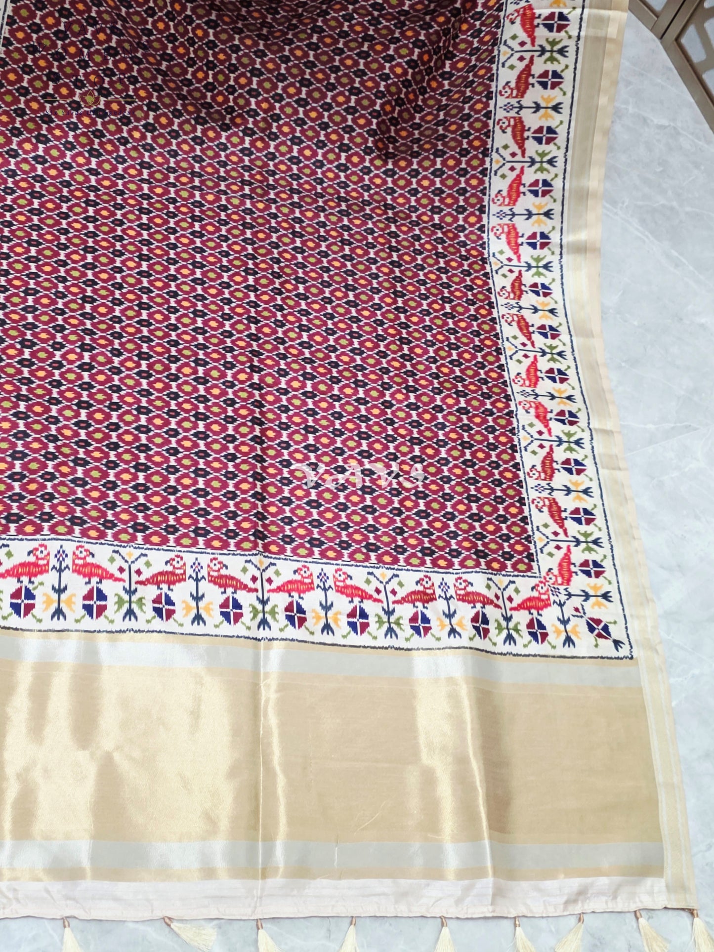 Regal Maroon Mosaic Pochampally Ikkat Print Blended Banarasi Silk Saree with Ivory Gold Pallu & Stitched Blouse