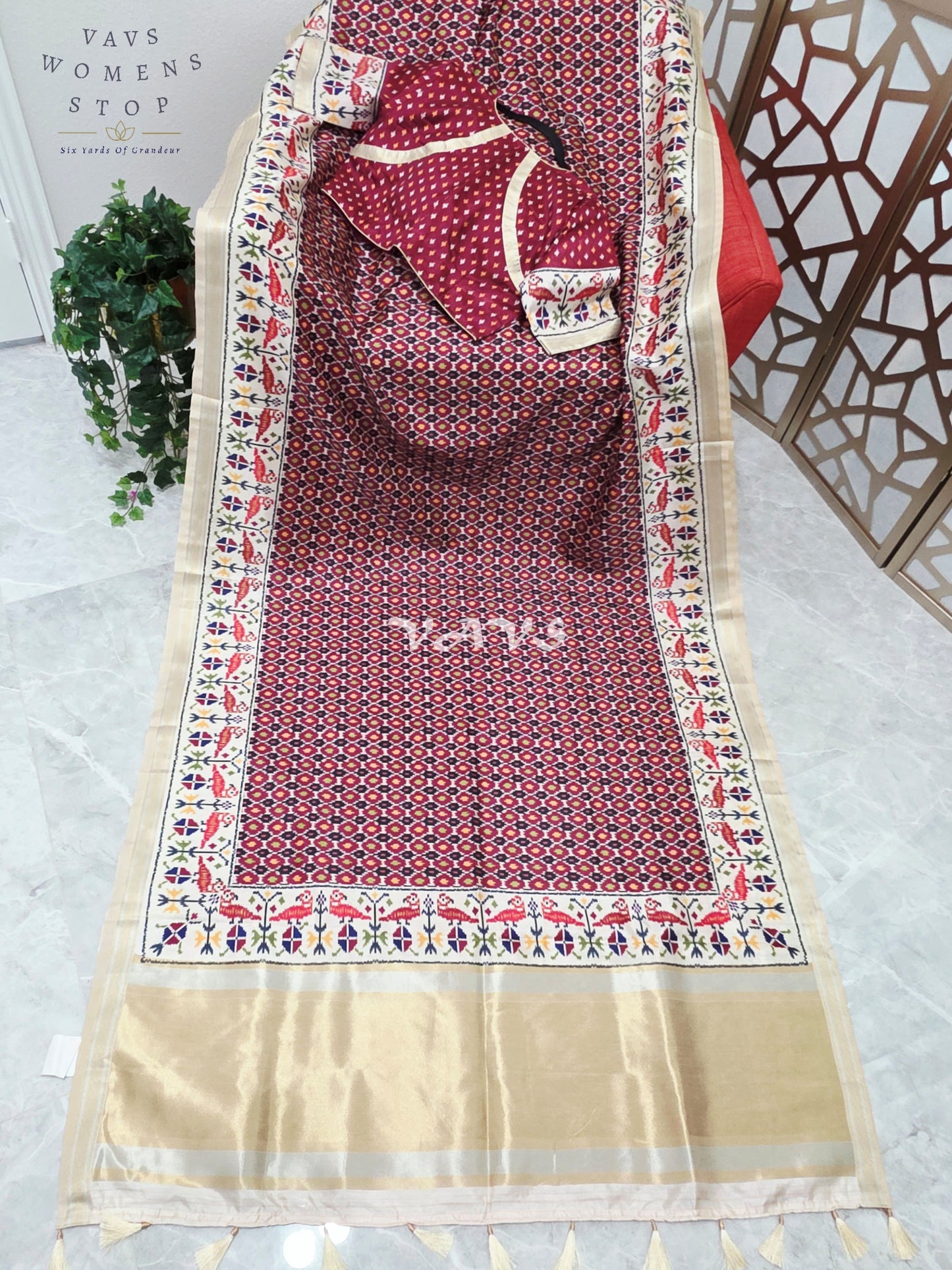 Regal Maroon Mosaic Pochampally Ikkat Print Blended Banarasi Silk Saree with Ivory Gold Pallu & Stitched Blouse