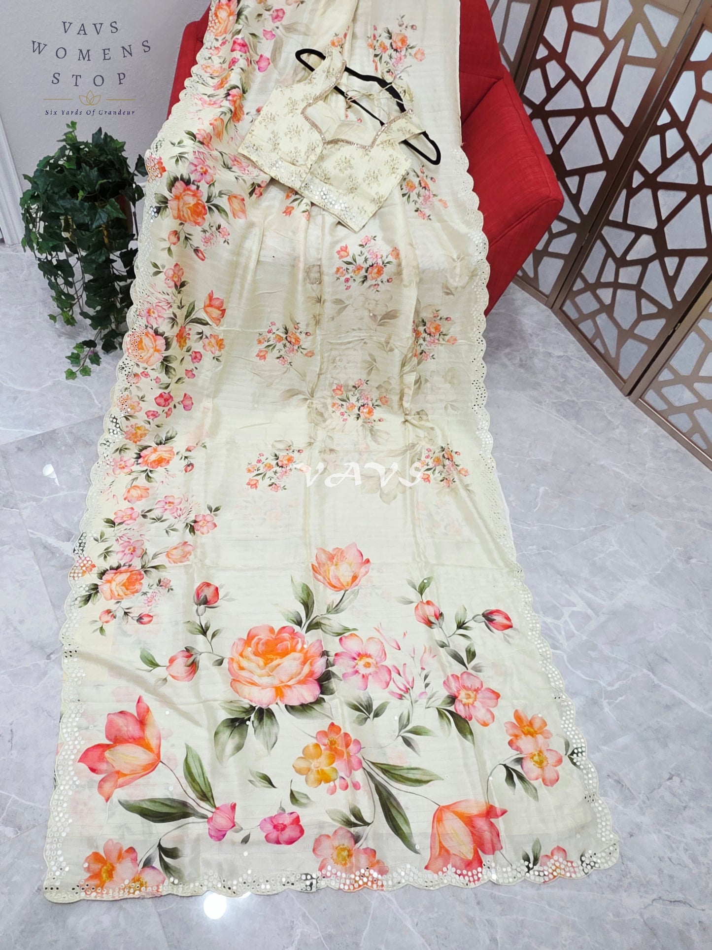 Regal Pearl Ivory Floral Russian Crepe Silk Saree with Scalloped Foil Mirror Border & Sleeveless Stitched Blouse
