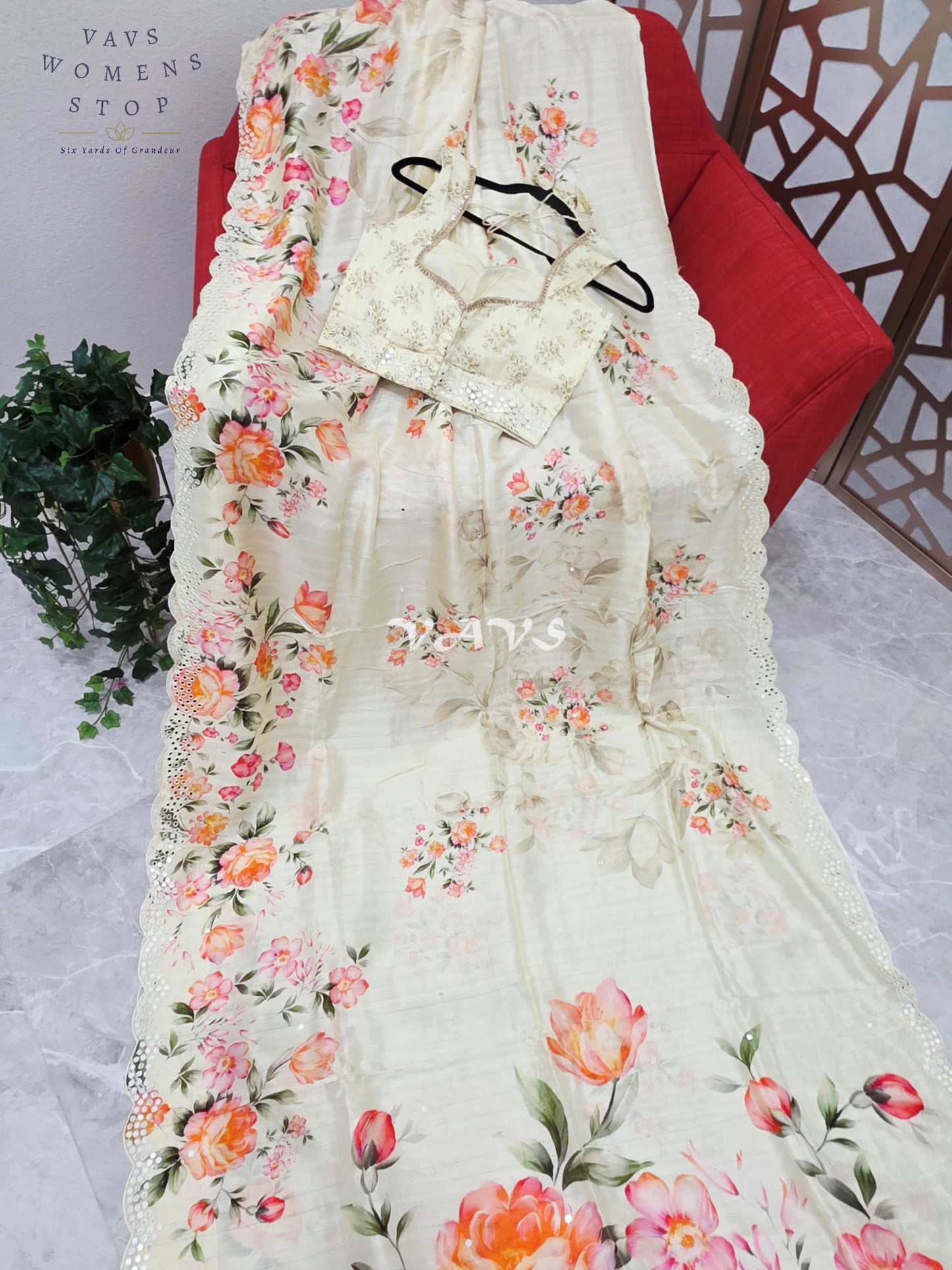Regal Pearl Ivory Floral Russian Crepe Silk Saree with Scalloped Foil Mirror Border & Sleeveless Stitched Blouse