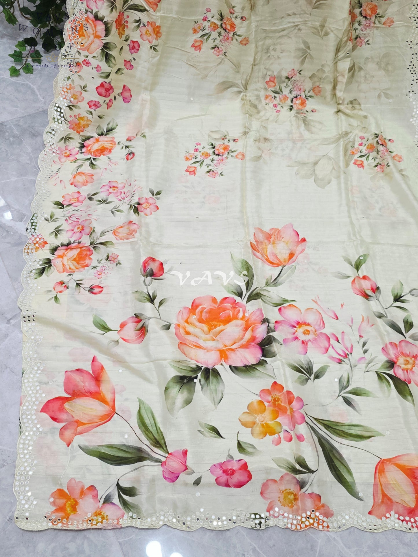 Regal Pearl Ivory Floral Russian Crepe Silk Saree with Scalloped Foil Mirror Border & Sleeveless Stitched Blouse