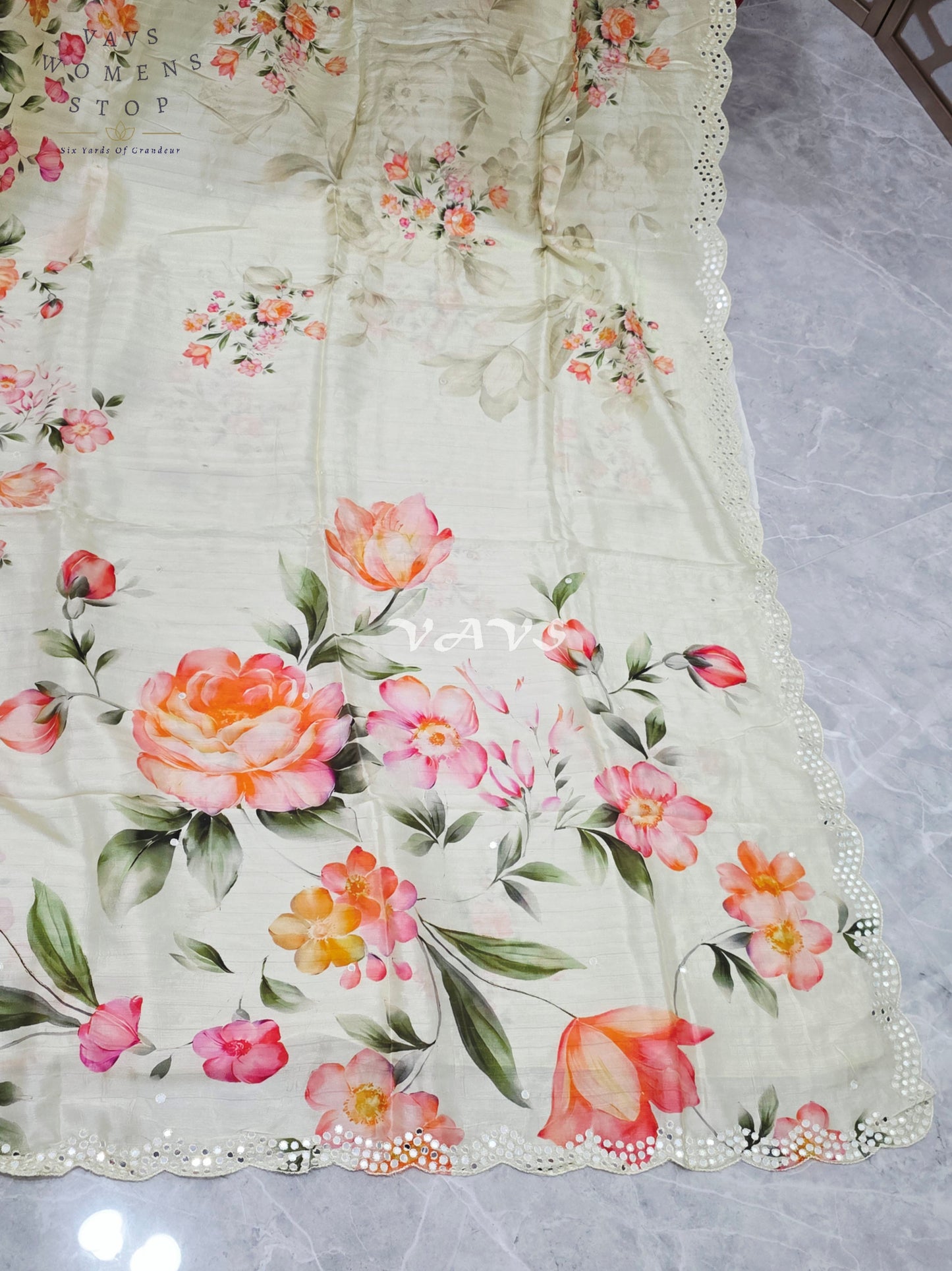 Regal Pearl Ivory Floral Russian Crepe Silk Saree with Scalloped Foil Mirror Border & Sleeveless Stitched Blouse