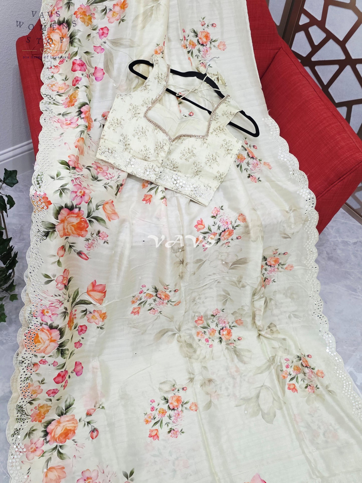 Regal Pearl Ivory Floral Russian Crepe Silk Saree with Scalloped Foil Mirror Border & Sleeveless Stitched Blouse