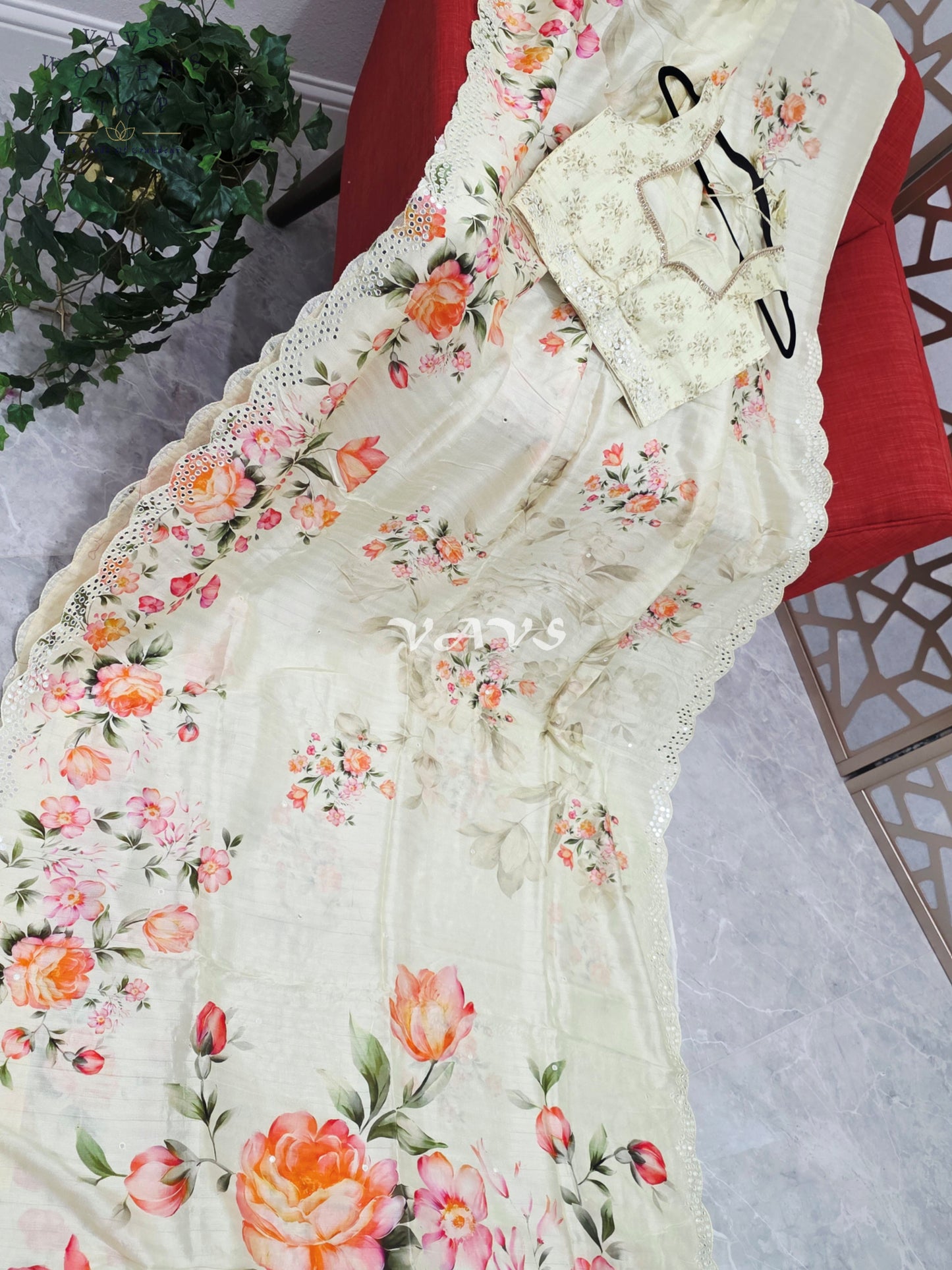 Regal Pearl Ivory Floral Russian Crepe Silk Saree with Scalloped Foil Mirror Border & Sleeveless Stitched Blouse