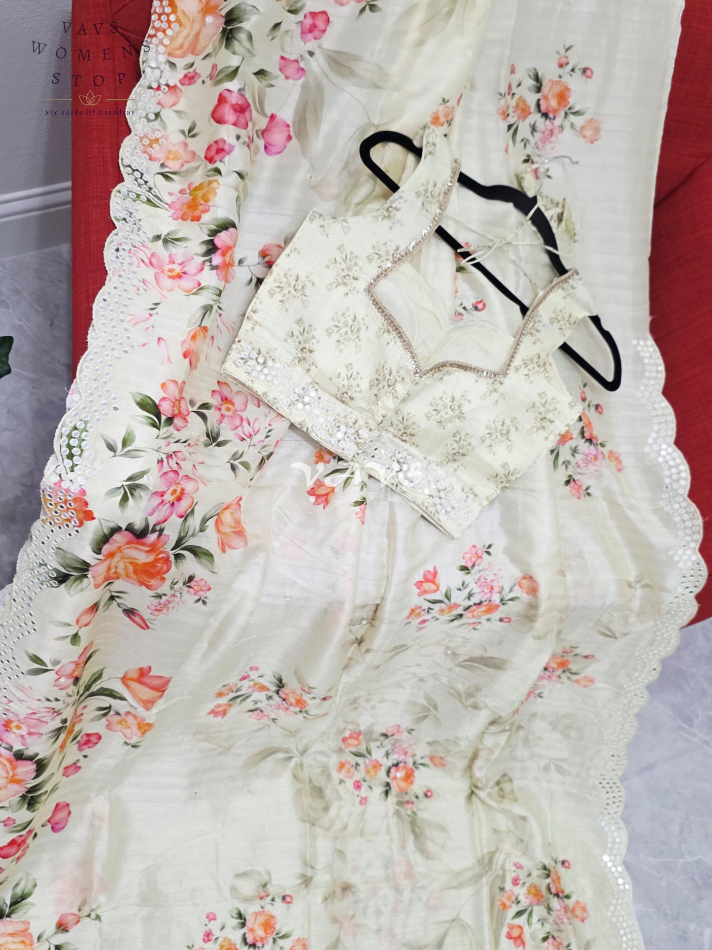 Regal Pearl Ivory Floral Russian Crepe Silk Saree with Scalloped Foil Mirror Border & Sleeveless Stitched Blouse