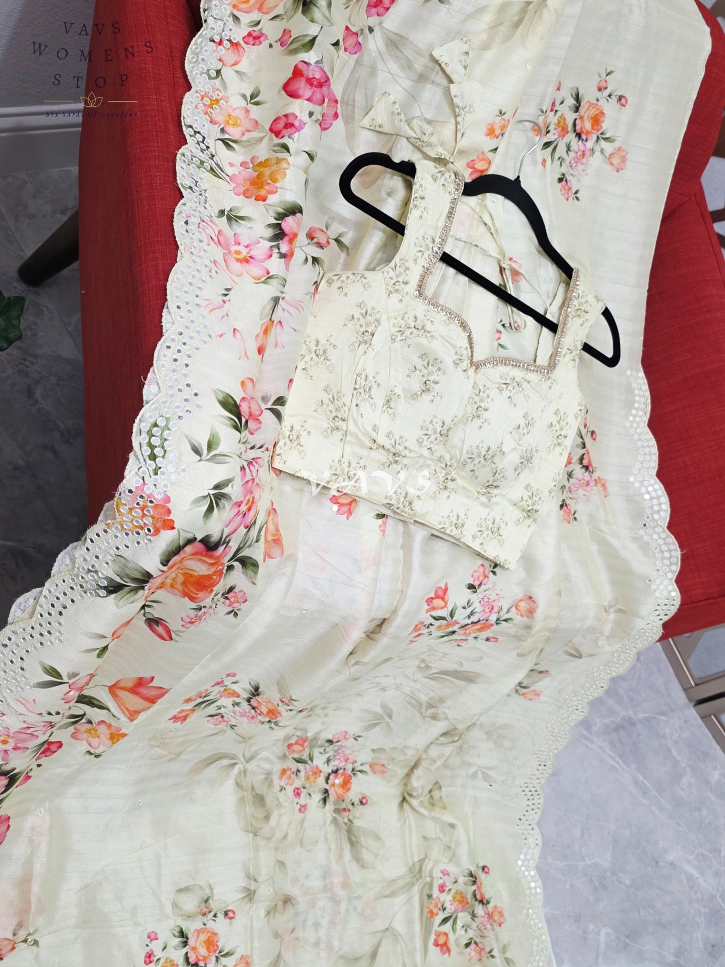 Regal Pearl Ivory Floral Russian Crepe Silk Saree with Scalloped Foil Mirror Border & Sleeveless Stitched Blouse