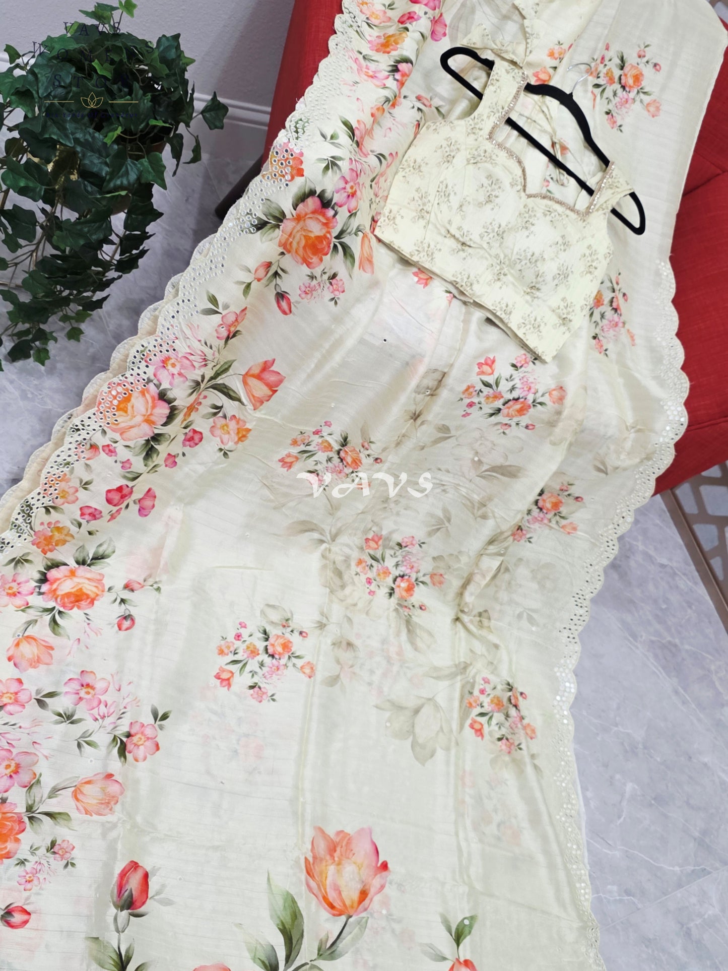 Regal Pearl Ivory Floral Russian Crepe Silk Saree with Scalloped Foil Mirror Border & Sleeveless Stitched Blouse