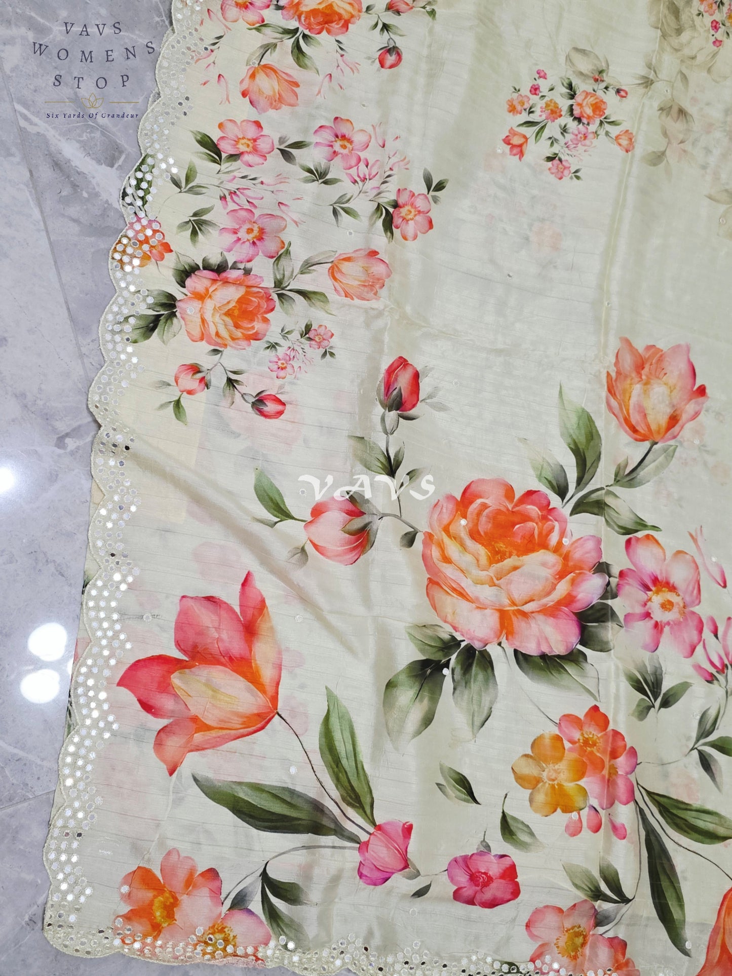 Regal Pearl Ivory Floral Russian Crepe Silk Saree with Scalloped Foil Mirror Border & Sleeveless Stitched Blouse