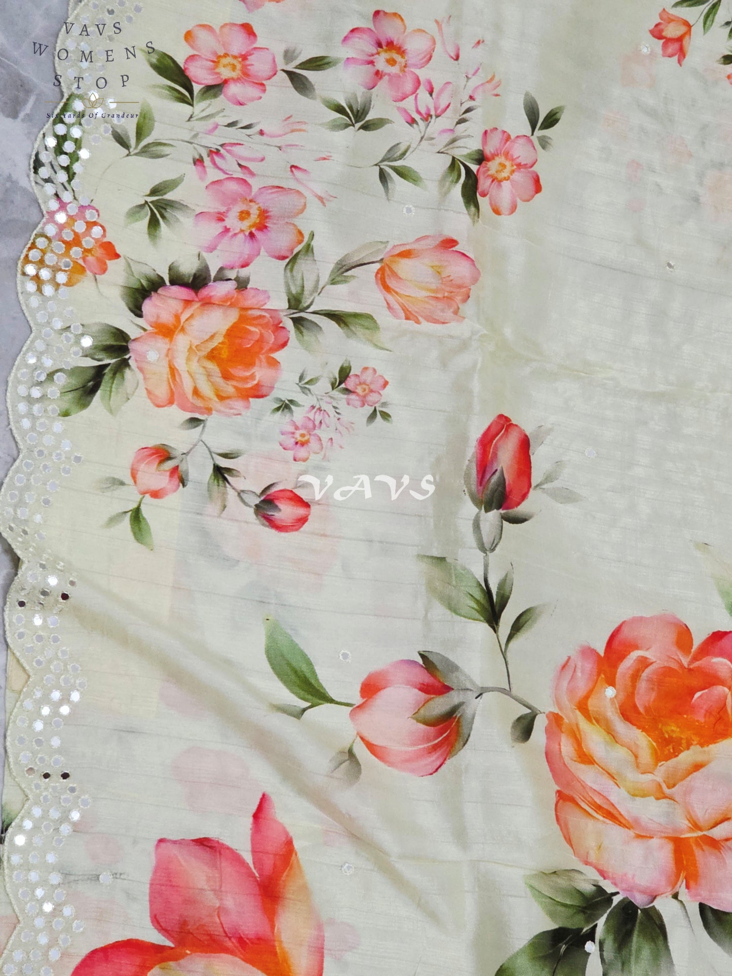 Regal Pearl Ivory Floral Russian Crepe Silk Saree with Scalloped Foil Mirror Border & Sleeveless Stitched Blouse