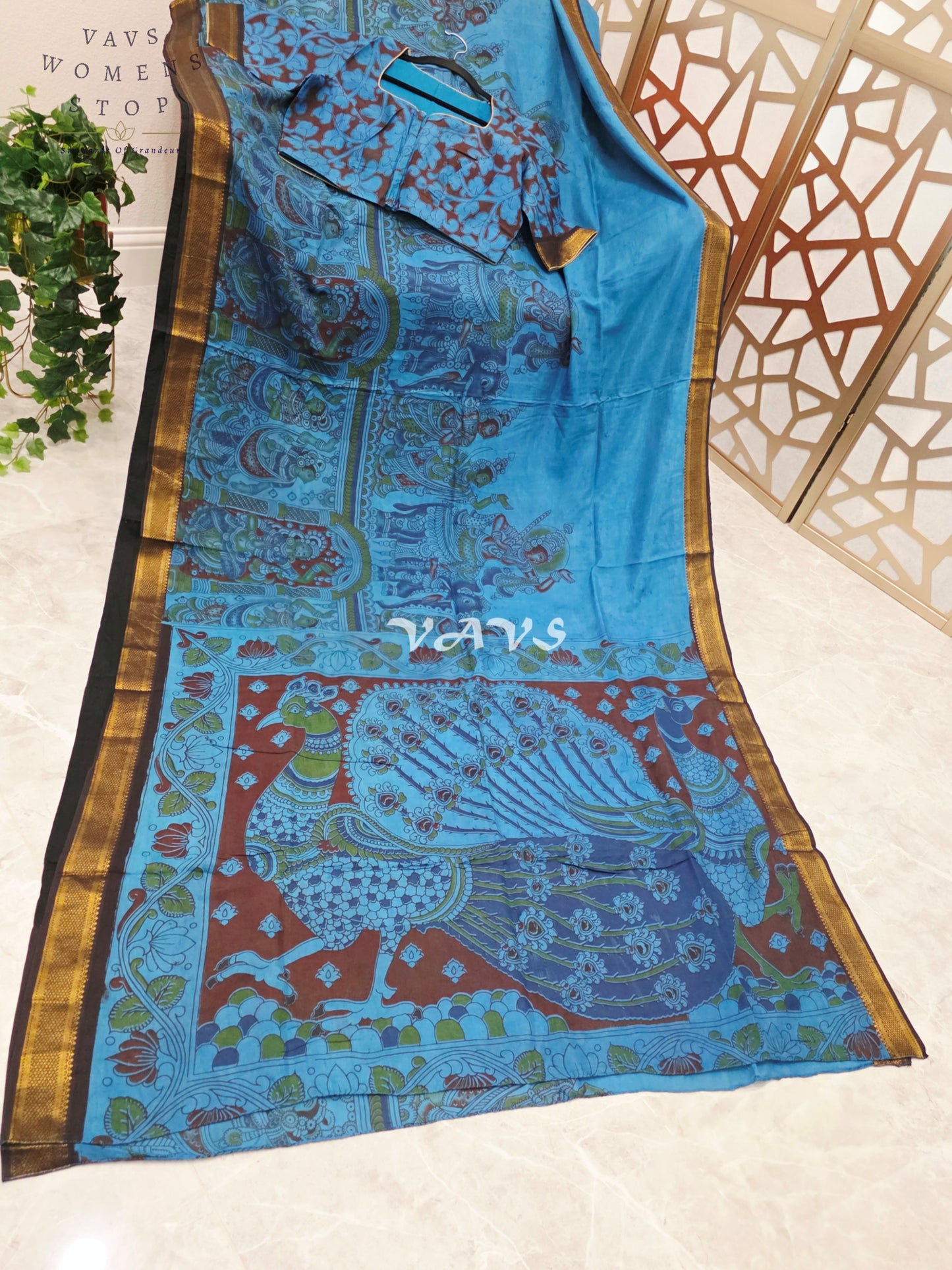 Regal Turquoise Blue Kalamkari Saree with Antique Gold Nizam Border, Peacock Pallu & Stitched Blouse