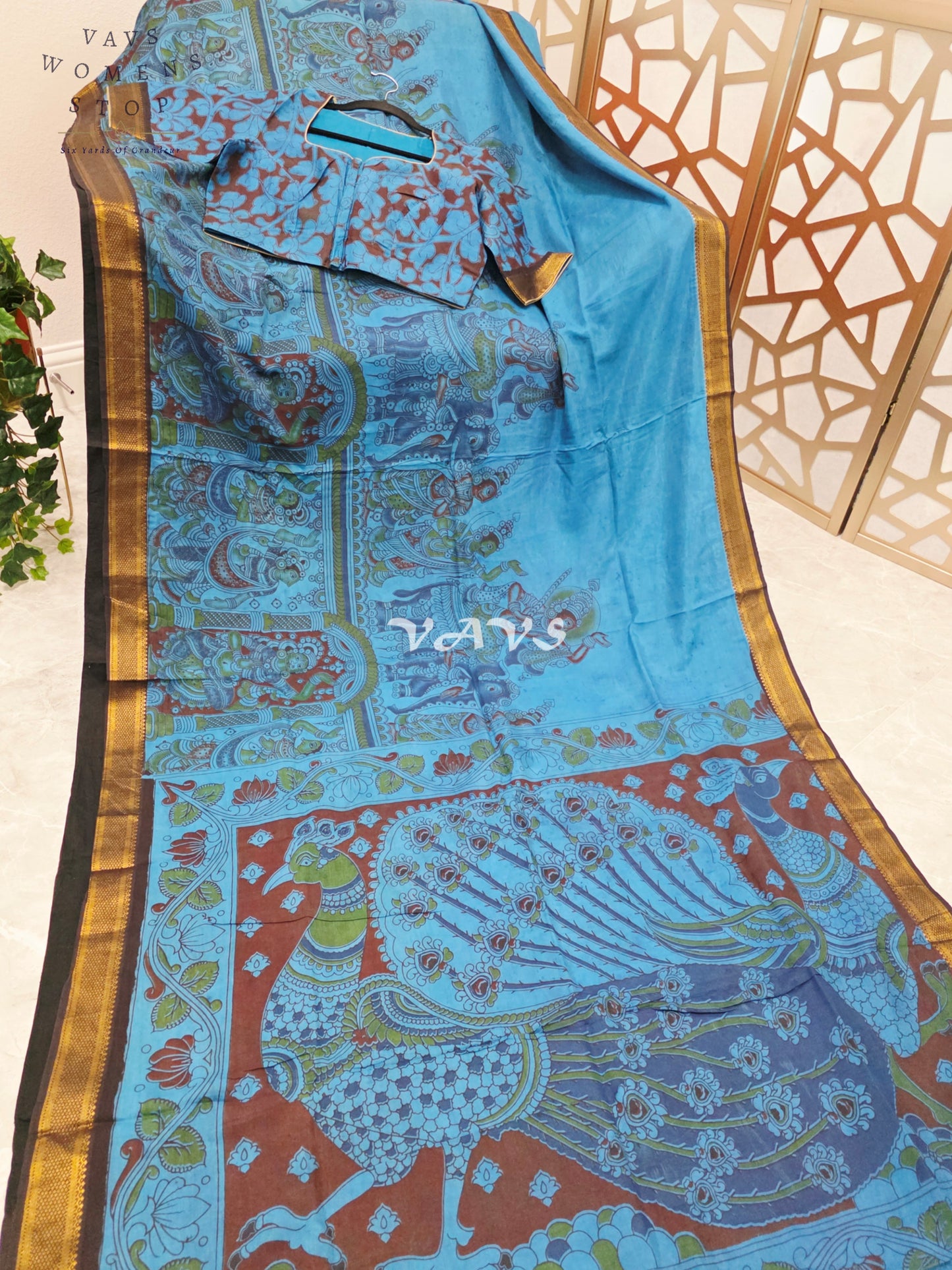 Regal Turquoise Blue Kalamkari Saree with Antique Gold Nizam Border, Peacock Pallu & Stitched Blouse